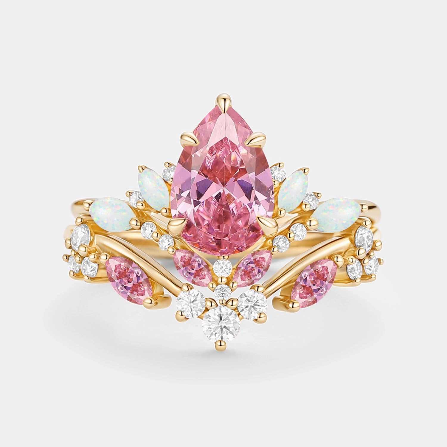 Pear Cut Lab Pink Sapphire & Lab Opal Leafy Ring Sets 2pcs - Nectar Special Edition Everyday Layer
