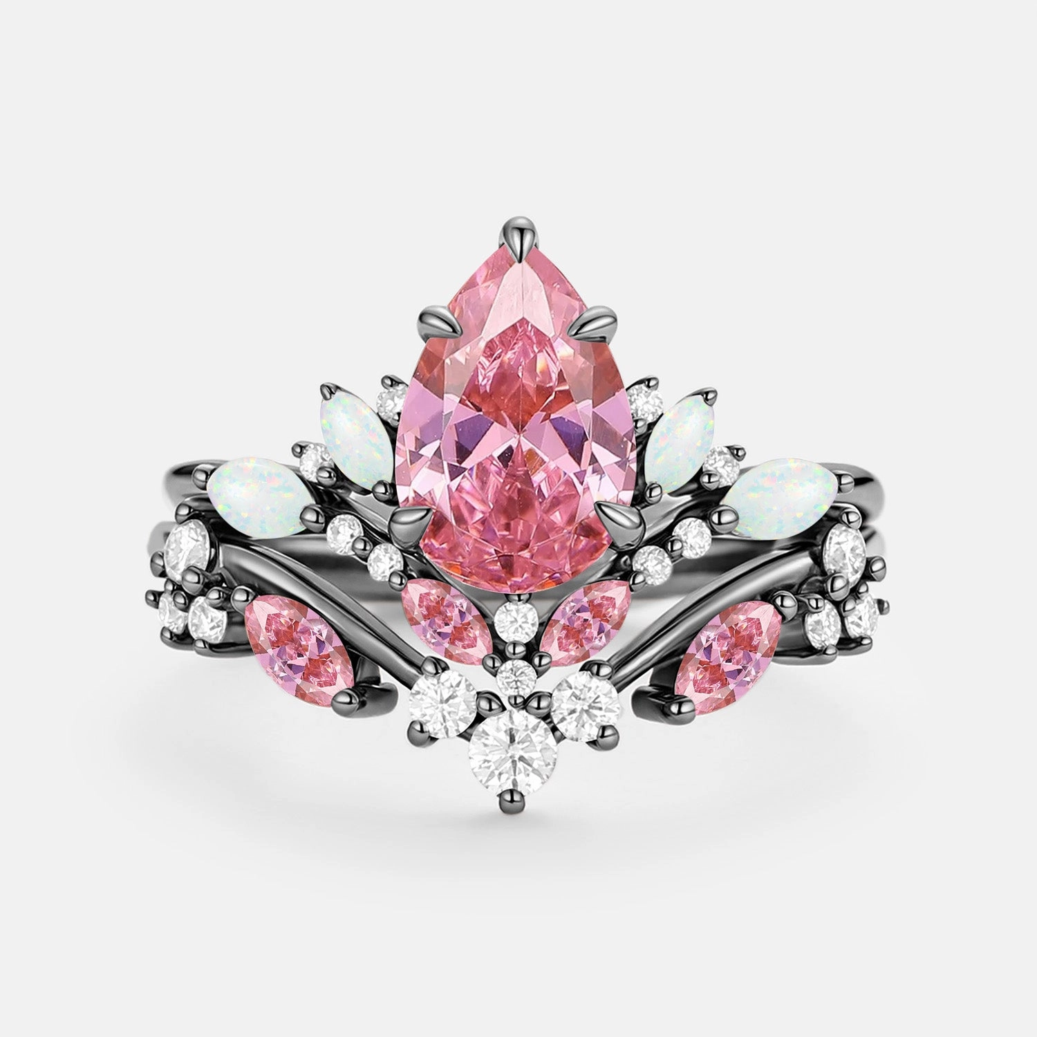 Pear Cut Lab Pink Sapphire & Lab Opal Leafy Ring Sets 2pcs - Nectar Special Accent