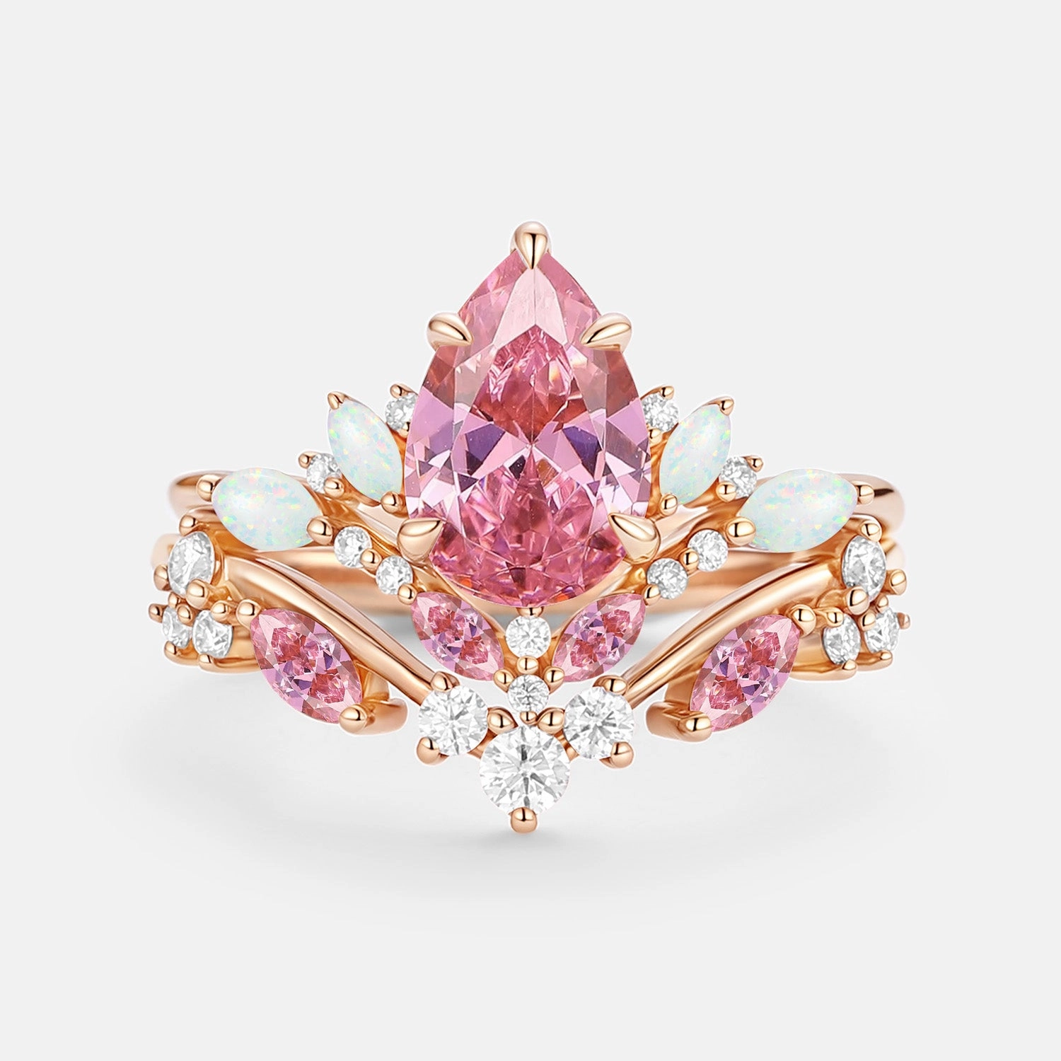 Pear Cut Lab Pink Sapphire & Lab Opal Leafy Ring Sets 2pcs - Nectar Radiant Radiance Silky Finish