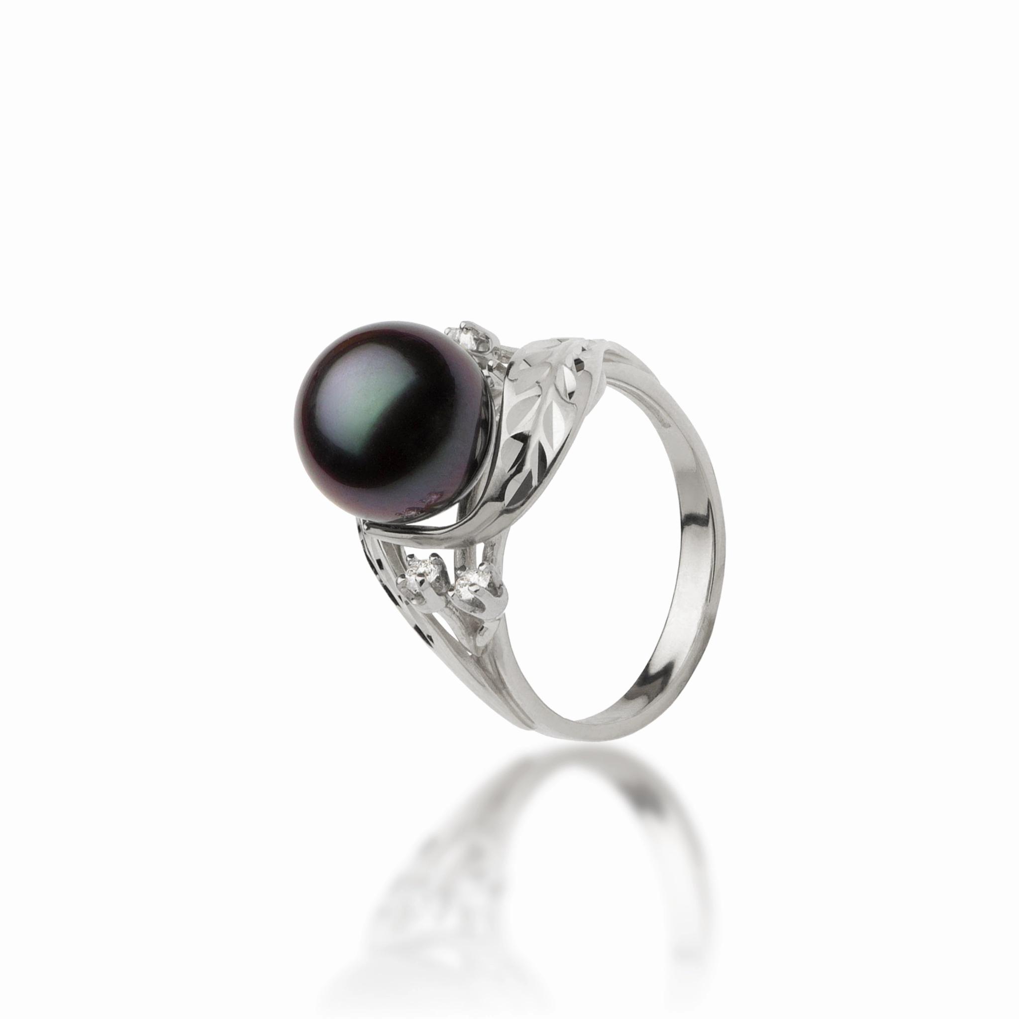 Date Fit Timeless Fashion Maile Tahitian Black Pearl Ring in White Gold with Diamonds - 9-10mm