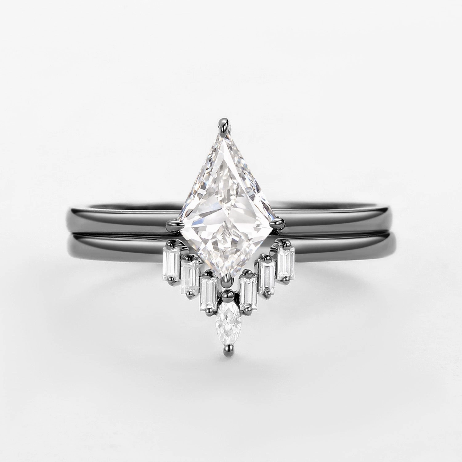 Baguette Kite Lab Grown Diamond Leafy Ring Set 2pcs Formal Wear Shining Piece