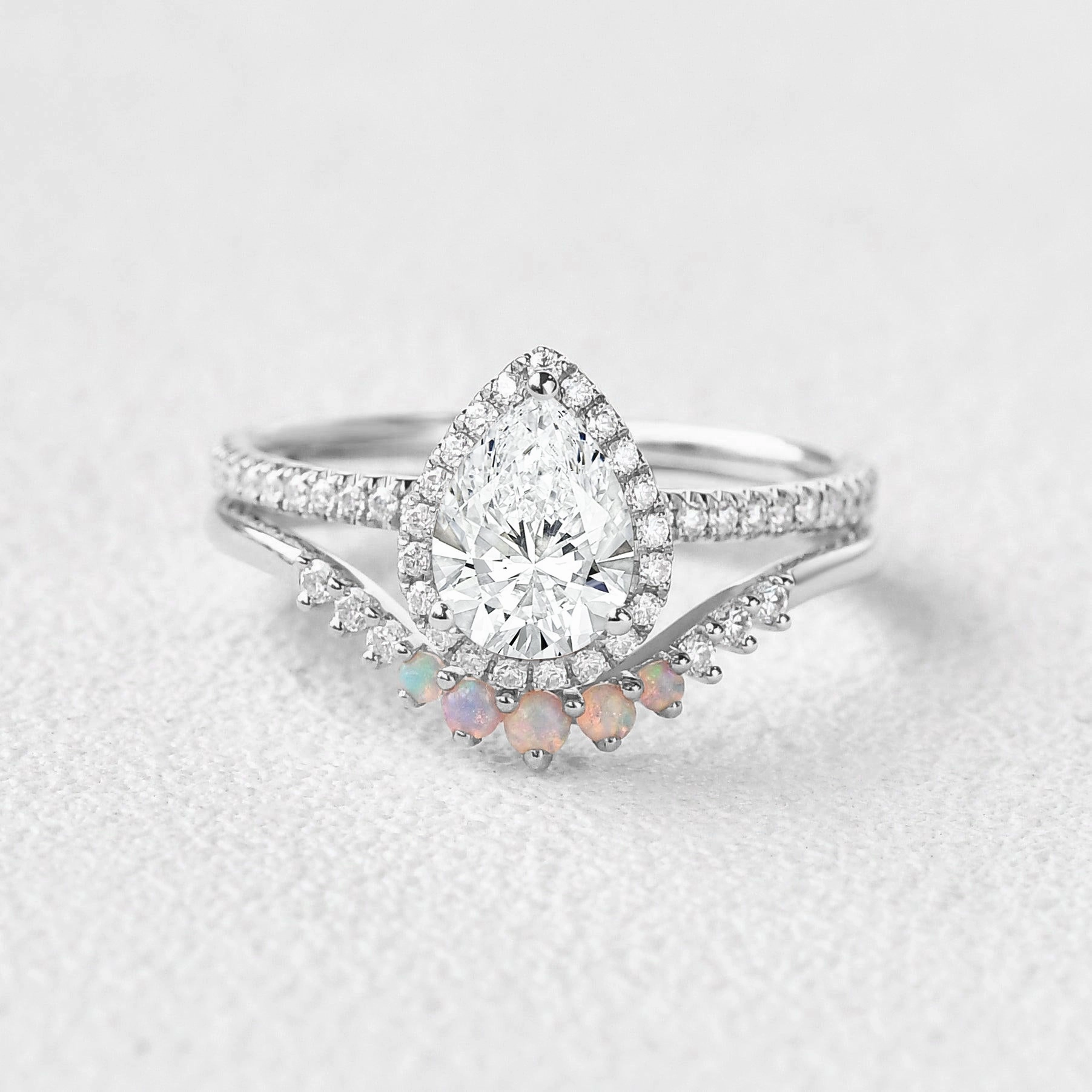 Lab Grown Diamond & Natural Opal Pear Cut Halo Ring Set 2pcs Charming Accent