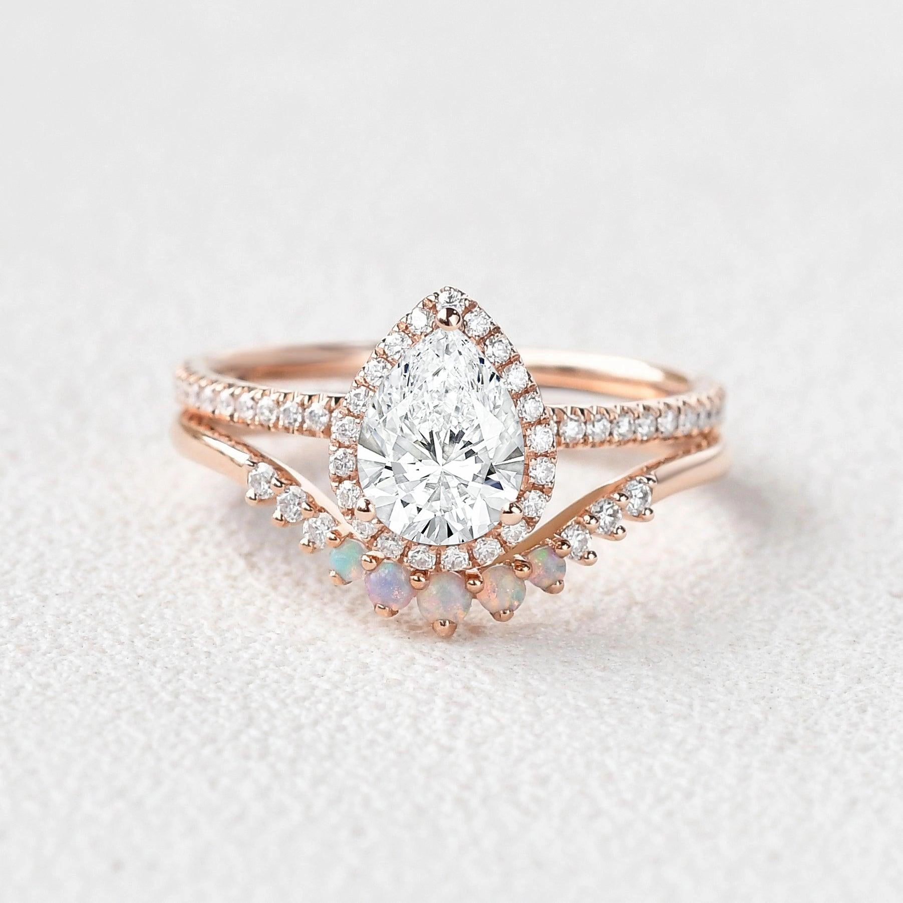 Precious Pieces Work Ready Lab Grown Diamond & Natural Opal Pear Cut Halo Ring Set 2pcs