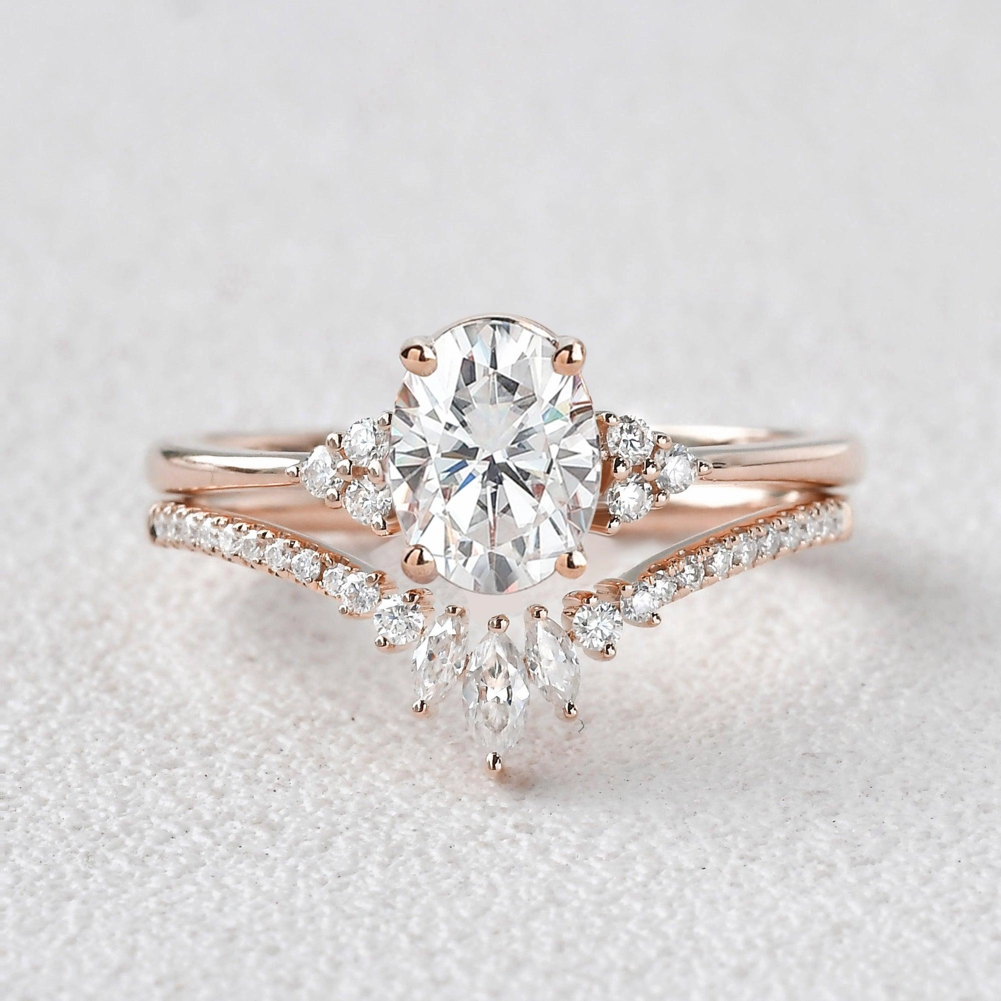 1.5ct Oval Cut Moss Agate Classic Cluster Gold Ring Set 2pcs - Lydia Delicate Piece Glam Set