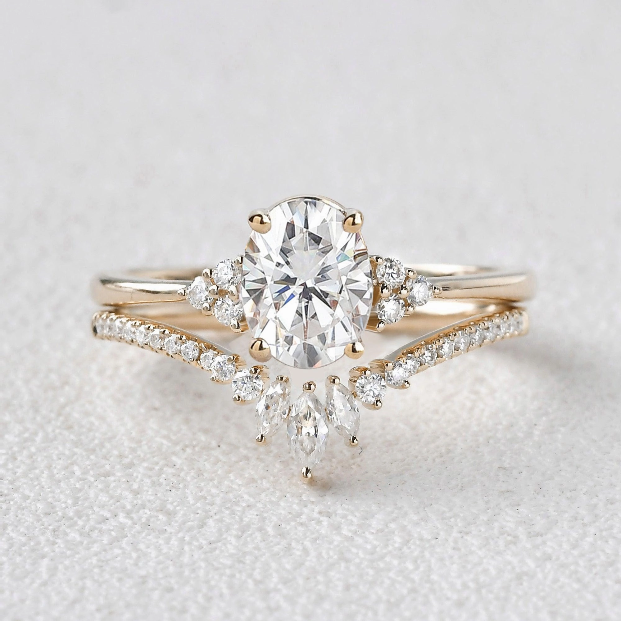 1.5ct Oval Cut Moss Agate Classic Cluster Gold Ring Set 2pcs - Lydia Fashion Accessory