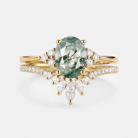Stylish Sparkle Fashionable Piece 1.5ct Oval Cut Moss Agate Classic Cluster Gold Ring Set 2pcs - Lydia