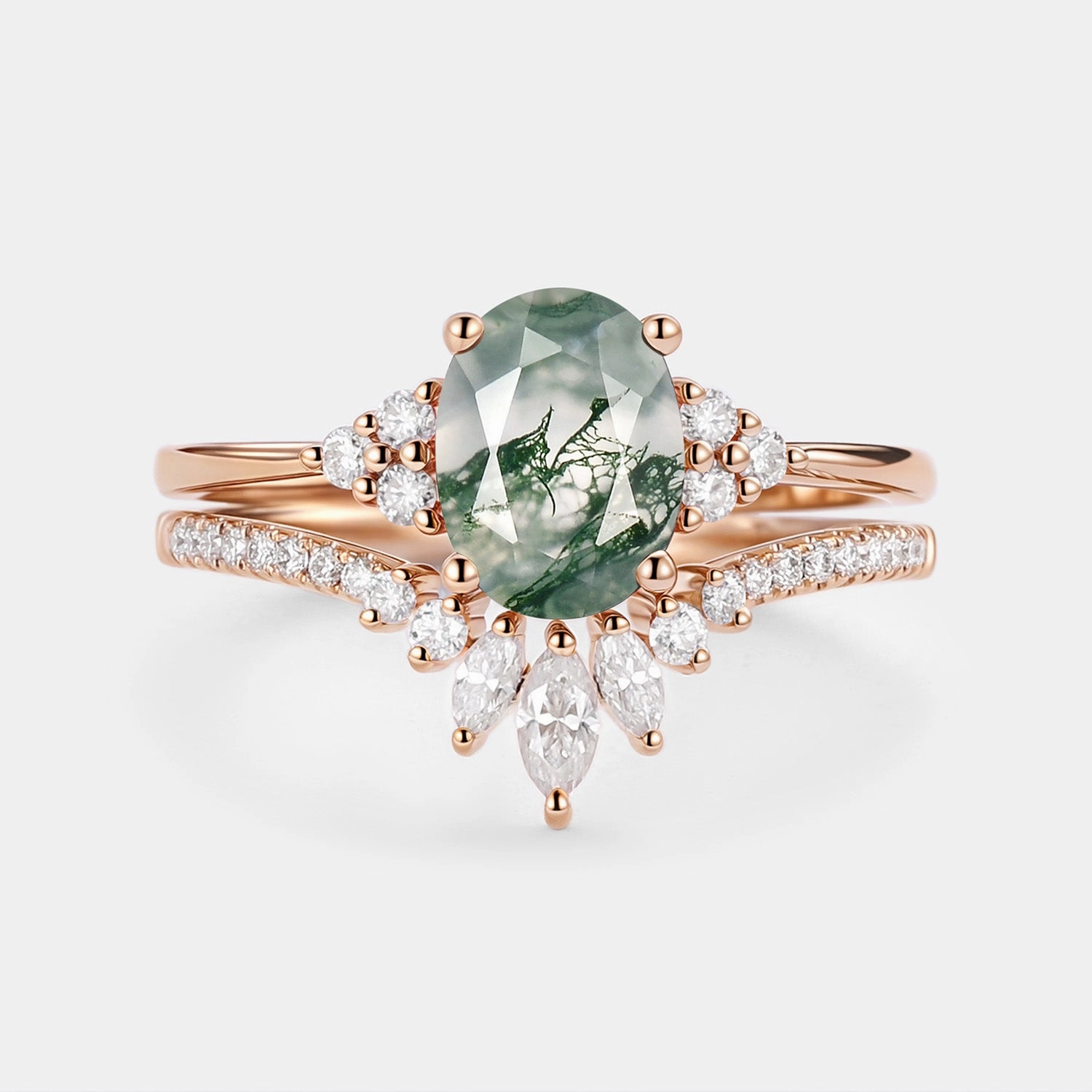 Elegant Outline 1.5ct Oval Cut Moss Agate Classic Cluster Gold Ring Set 2pcs - Lydia