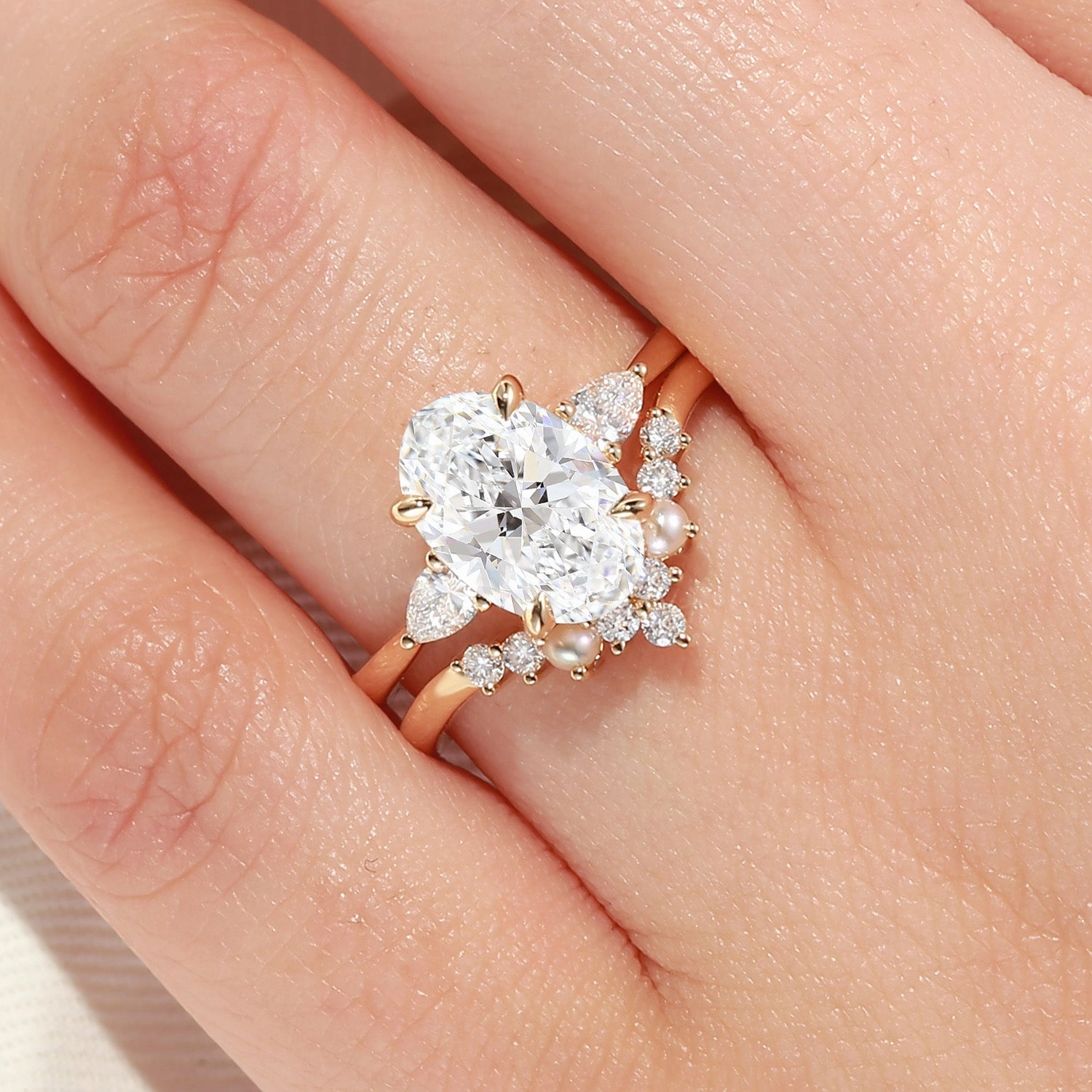 Unique Oval Cut Lab Grown Diamond & Pearl Engagement Ring Set 2pcs Natural Flow