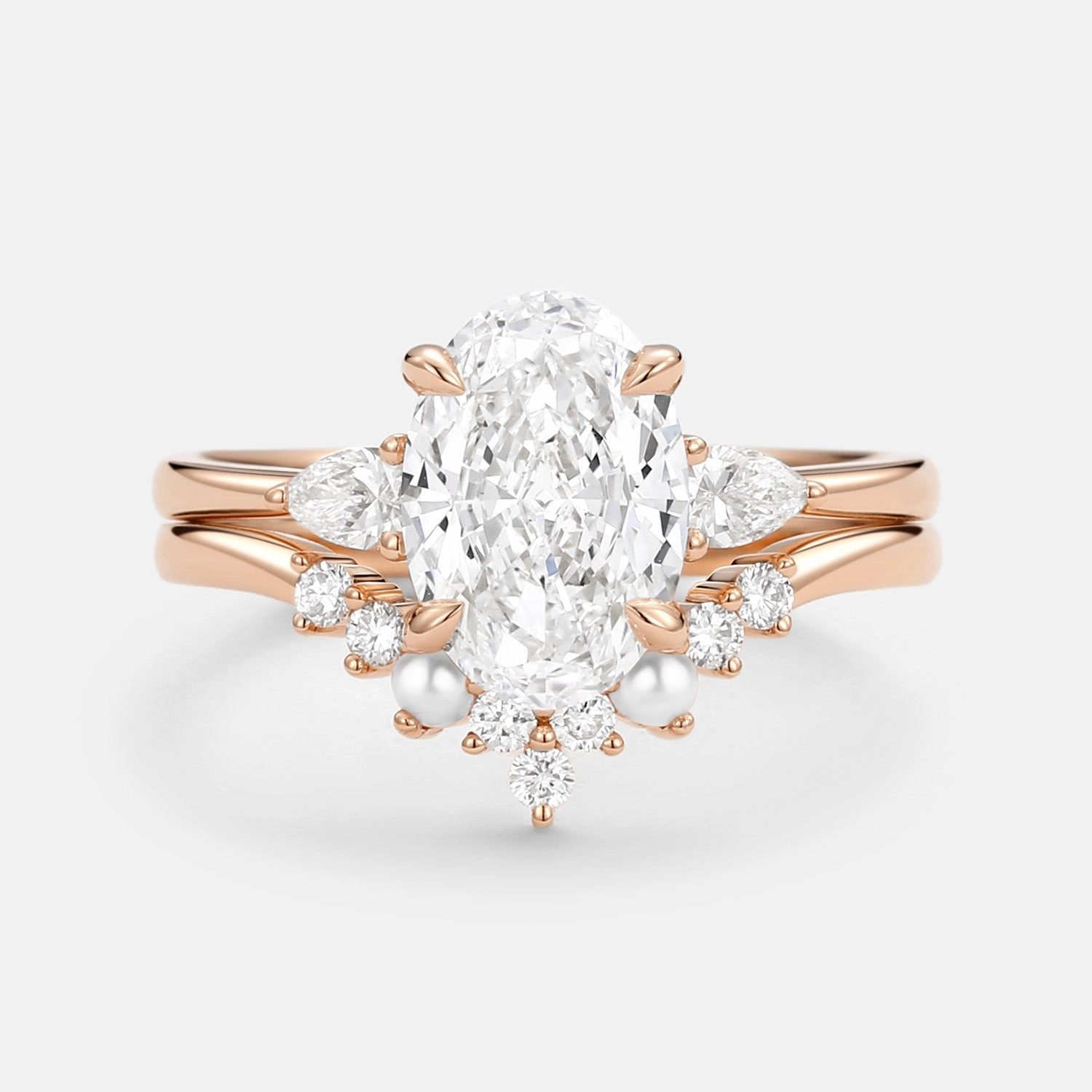 Contemporary Highlight Unique Oval Cut Lab Grown Diamond & Pearl Engagement Ring Set 2pcs