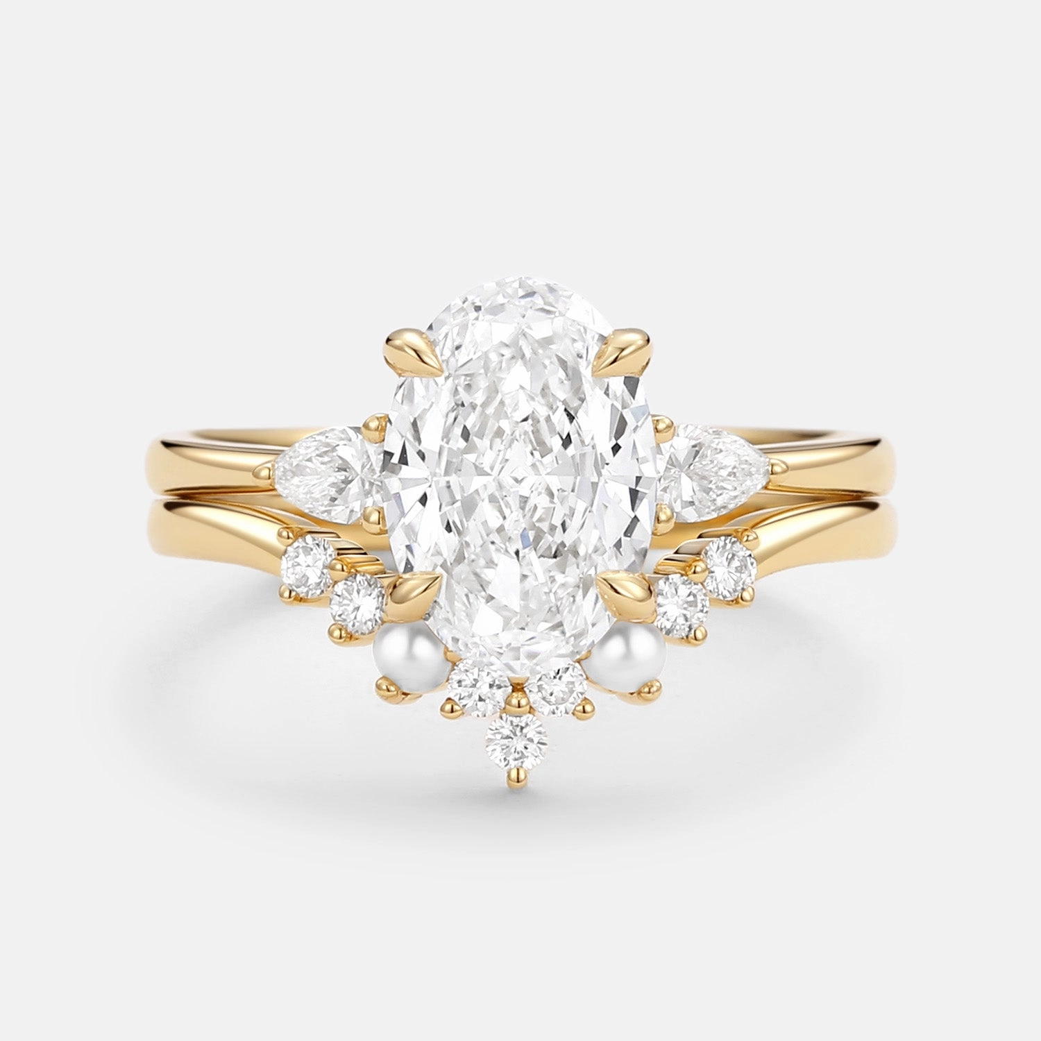 Distinctive Edge Opulent Accent Unique Oval Cut Lab Grown Diamond & Pearl Engagement Ring Set 2pcs