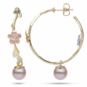 Pearls in Bloom Plumeria Lavender Freshwater Pearl Earrings in Tri Color Gold with Diamonds - 33mm Glamour Appeal Casual Spark