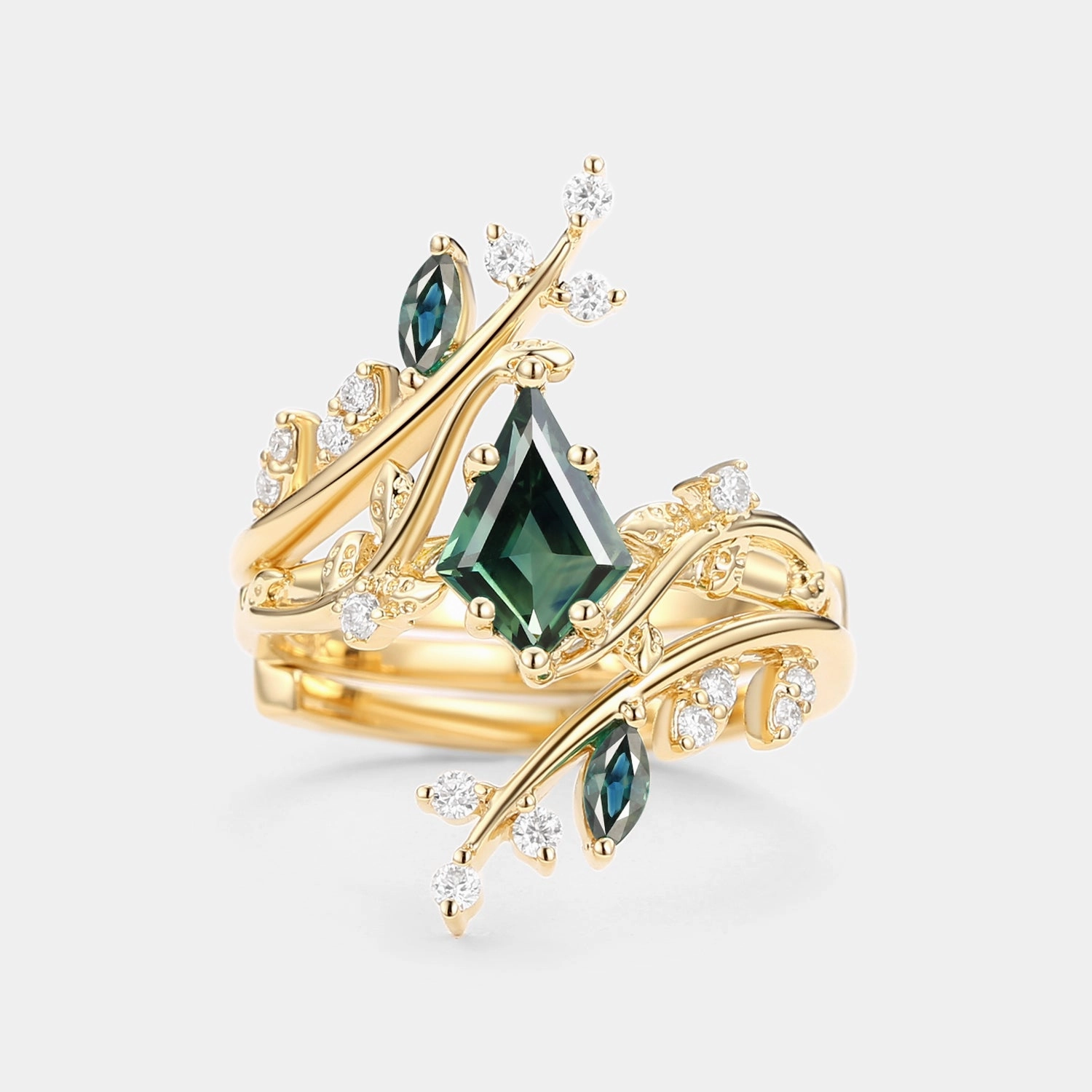 Unique Kite Cut Teal Sapphire Cage Leafy Engagement Ring Sets 2pcs - Knight Cozy Glam
