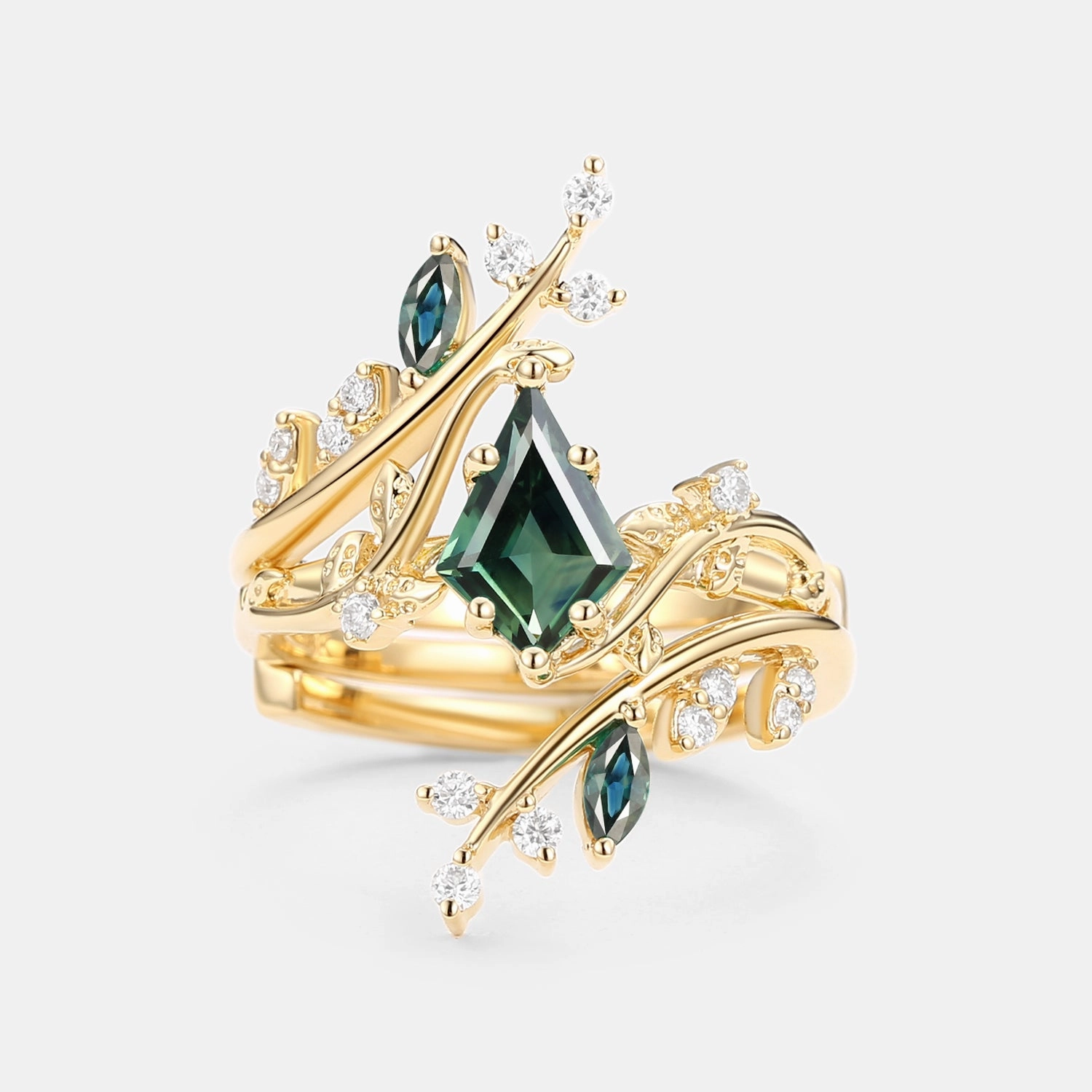 Unique Kite Cut Teal Sapphire Cage Leafy Engagement Ring Sets 2pcs - Knight Distinctive Touch