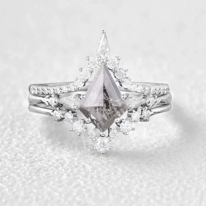 Graceful Piece Three Kite Cut Salt and Pepper Diamonds Ring Set 3pcs