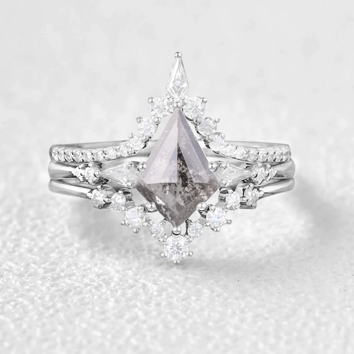 Opulent Craft Three Kite Cut Salt and Pepper Diamonds Ring Set 3pcs