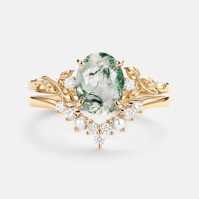 Oval Cut Moss Agate Leafy Gold Ring Set 2pcs - Clover Classic Layer