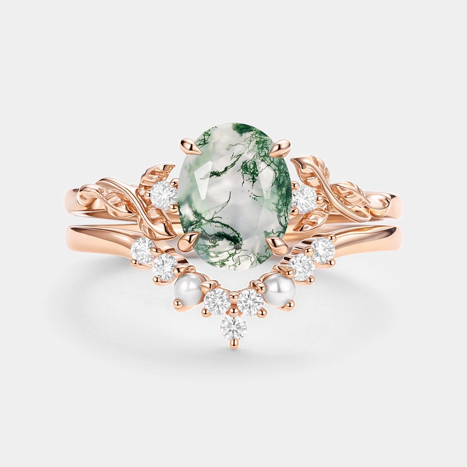 Oval Cut Moss Agate Leafy Gold Ring Set 2pcs - Clover Refined Finish