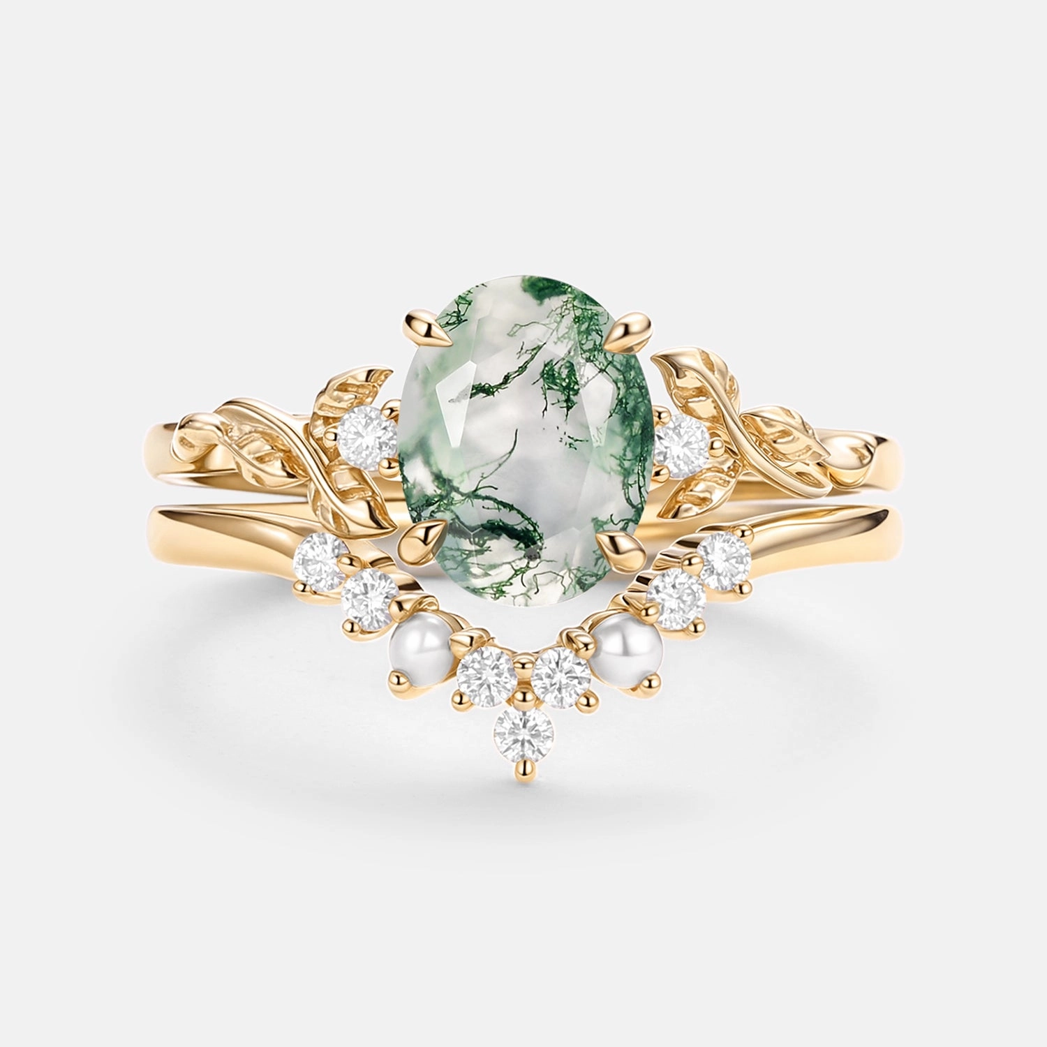 Oval Cut Moss Agate Leafy Gold Ring Set 2pcs - Clover Classic Layer