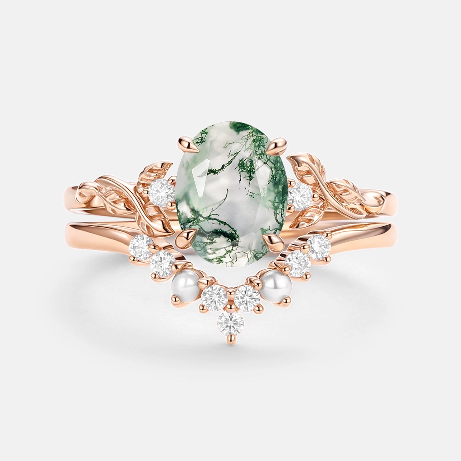 Oval Cut Moss Agate Leafy Gold Ring Set 2pcs - Clover Trendy Style