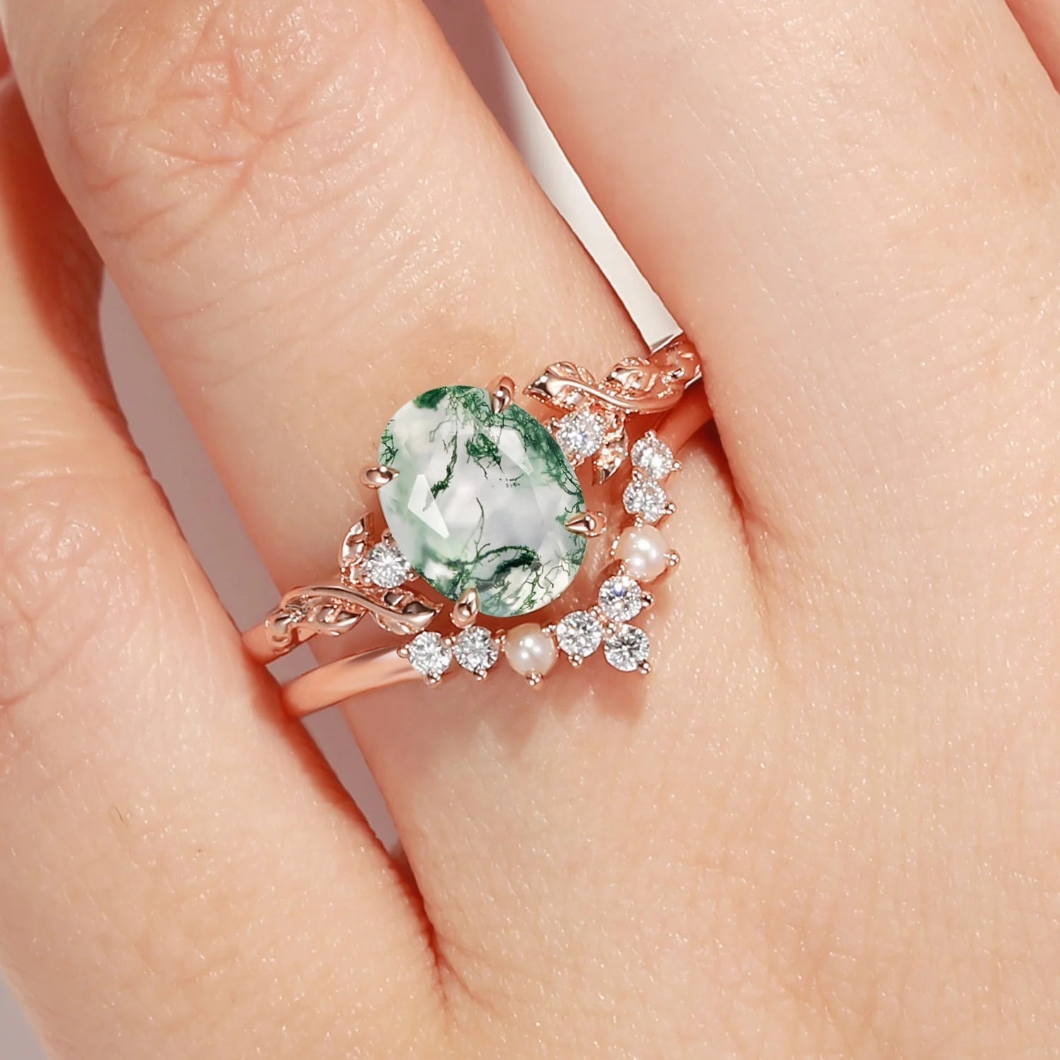 Finishing Accent Fresh Accent Oval Cut Moss Agate Leafy Gold Ring Set 2pcs - Clover