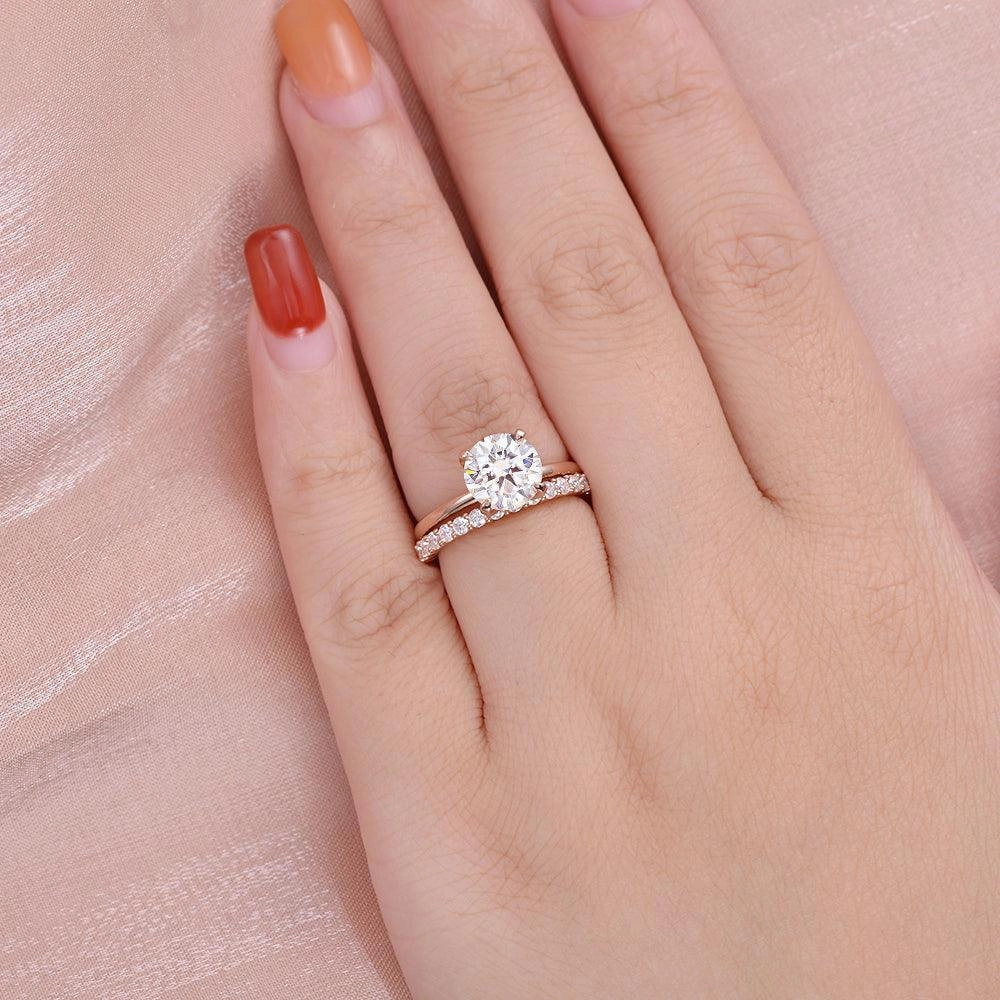 2.0ct Round Cut Moissanite Solitaire Gold Ring Set 2pcs Radiant Statement