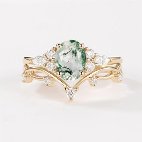 Oval Cut Moss Agate Vintage Gold Ring Set 2pcs - Ona Dazzling Look Artistic Detail
