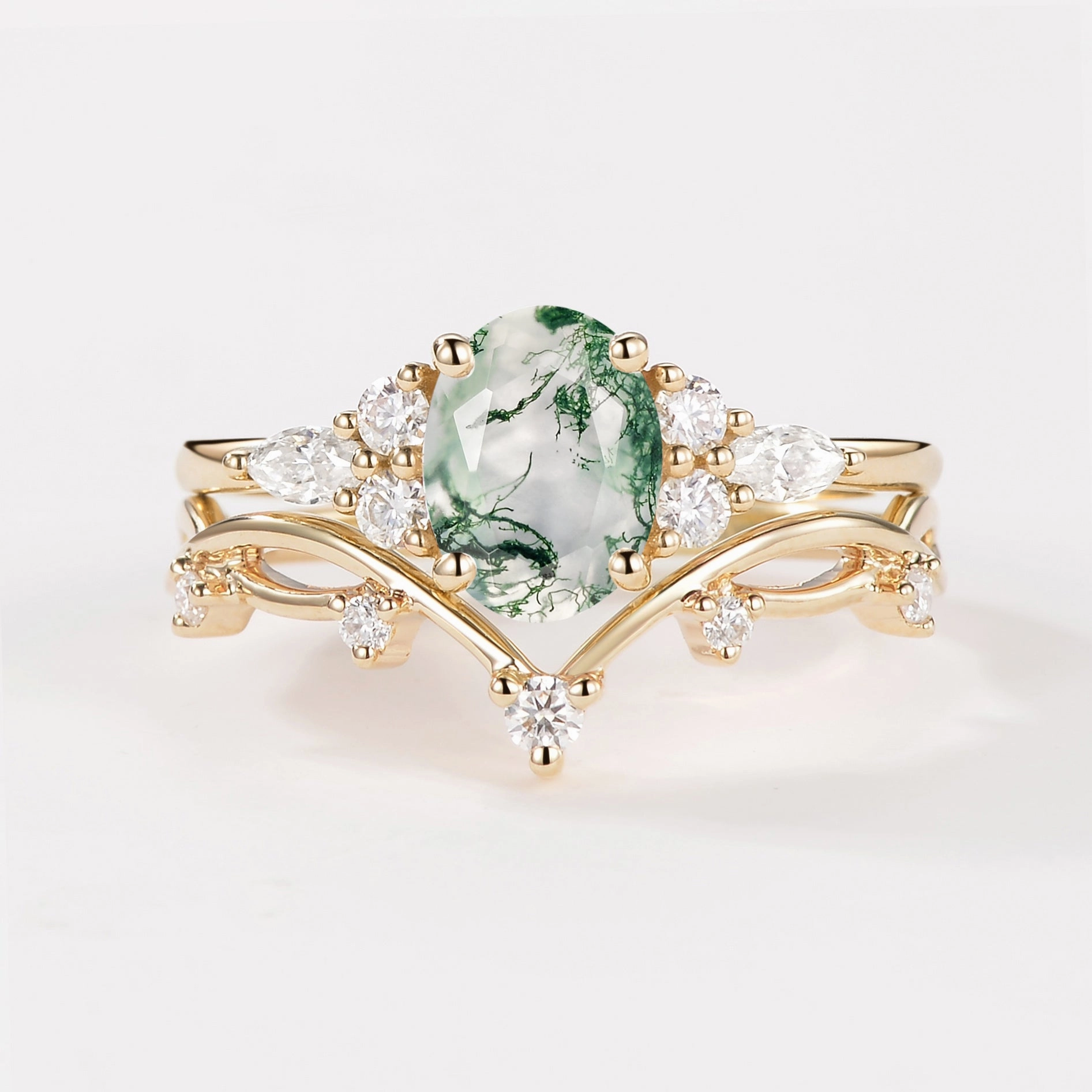 Oval Cut Moss Agate Vintage Gold Ring Set 2pcs - Ona Glistening Look Polished Flow