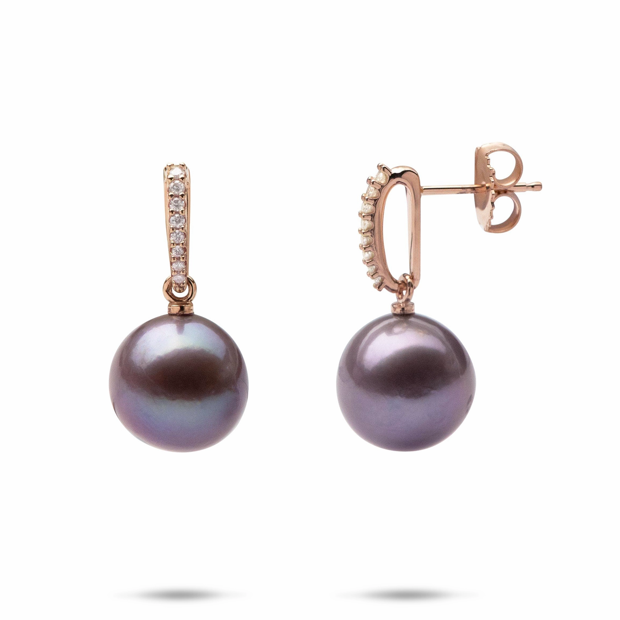 Sleek Craft Grace Note Ultraviolet Pearl Earrings in Rose Gold with Diamonds - 11-12mm