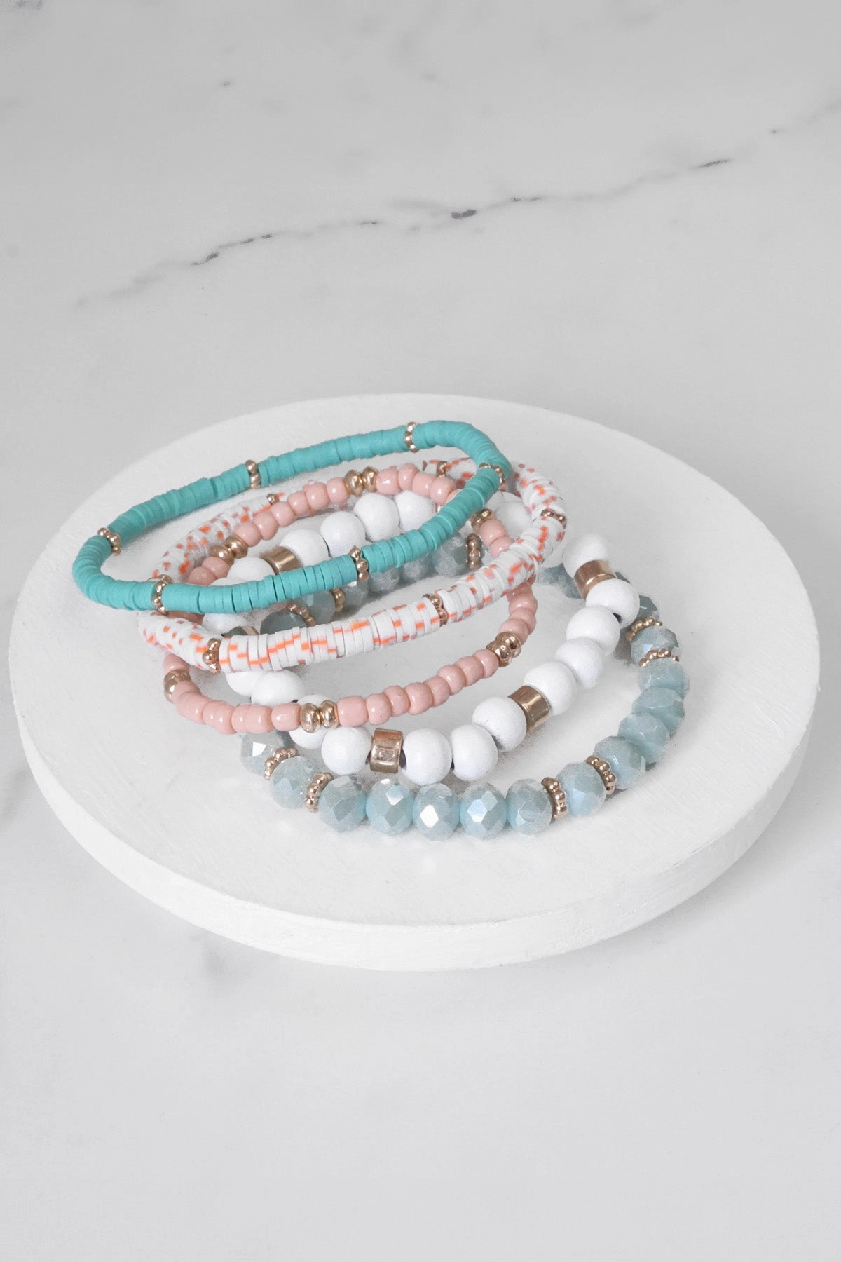 Happy Sight Summer Fresh Mint Pink White stack clay glass wood beads bracelets set