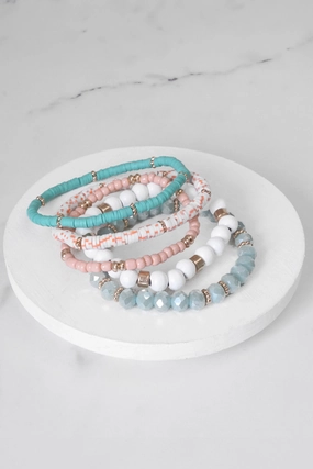 Happy Sight Summer Fresh Mint Pink White stack clay glass wood beads bracelets set