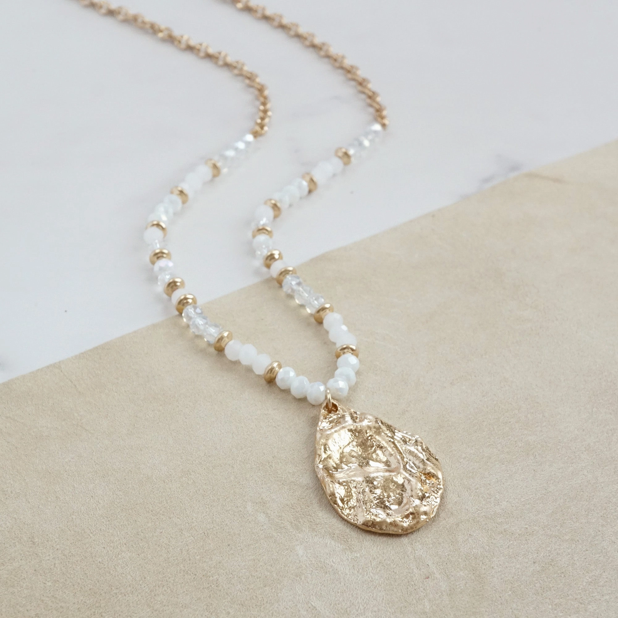Long Beaded Necklace with Golden Teardrop Pendant - Whites Modern Classic