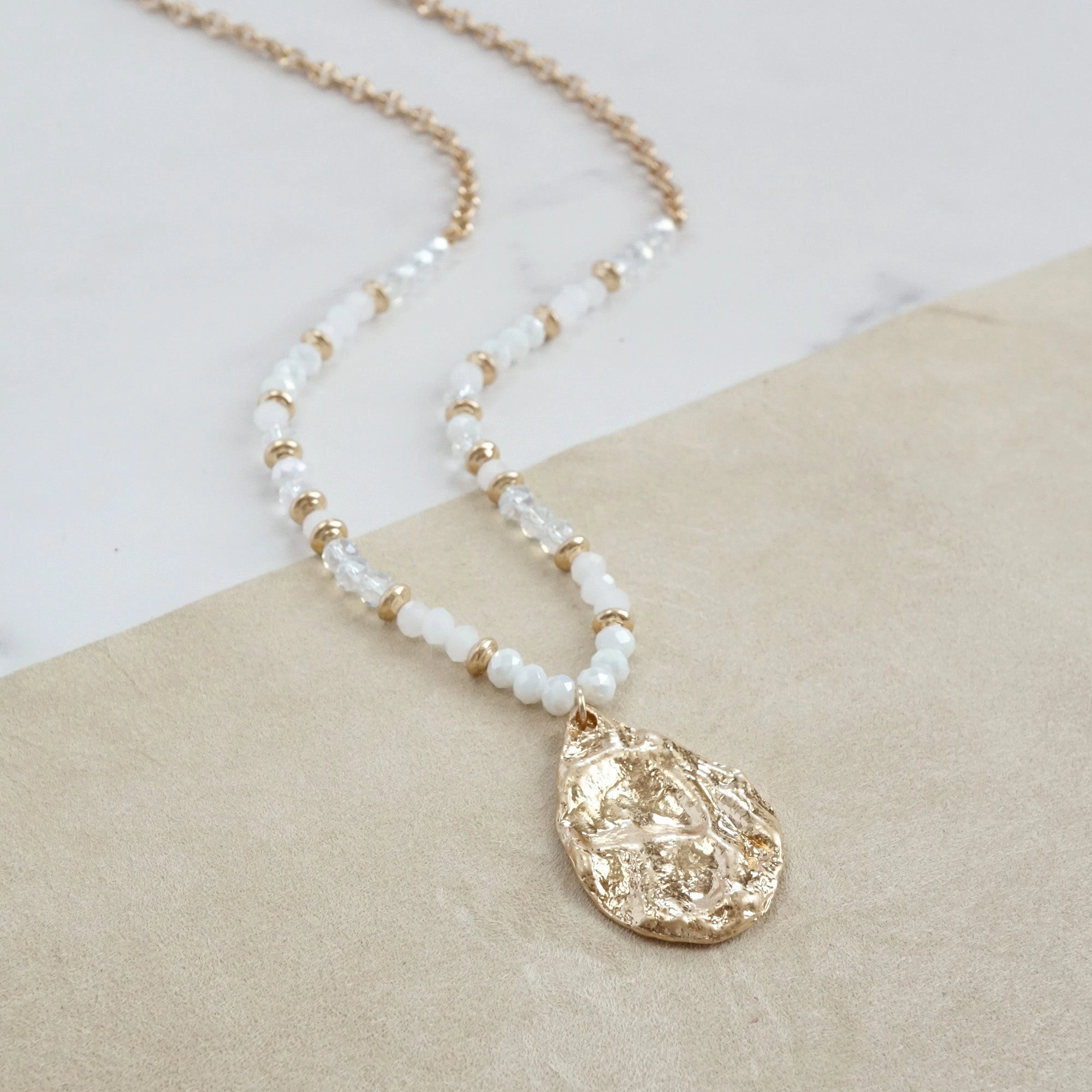 Autumn Look Long Beaded Necklace with Golden Teardrop Pendant - Whites
