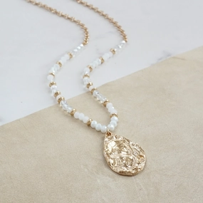 Autumn Look Long Beaded Necklace with Golden Teardrop Pendant - Whites