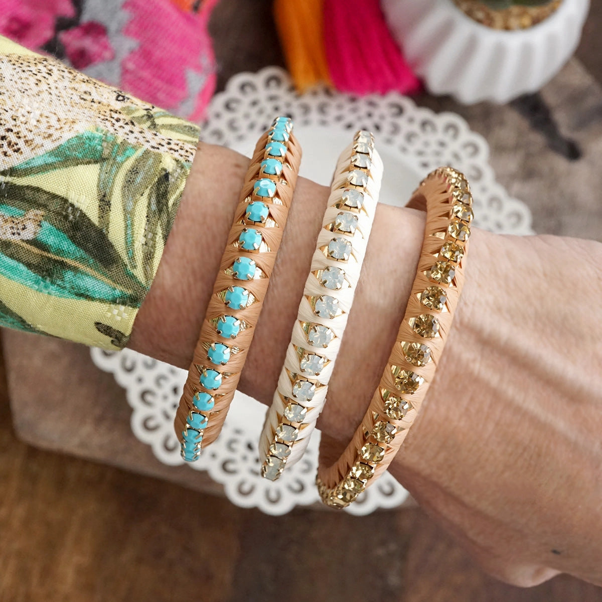 Suburban Charm Designed To Fit Sun Dancer ?C Raffia-Wrapped Bangle with Crystal Channel Accent
