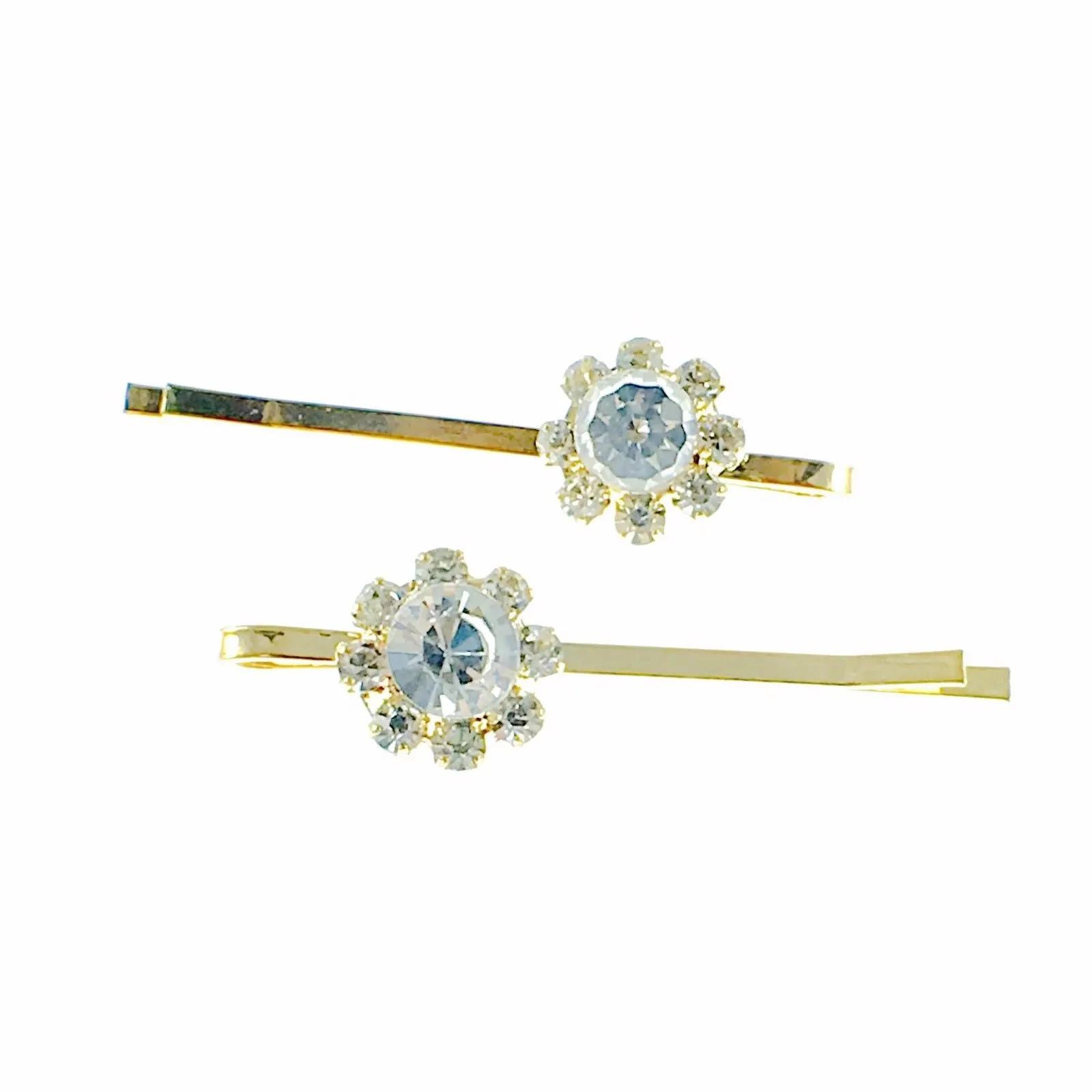 Sunflower Bobby Pin Pair Rhinestone Crystal gold base Cerulean Clear