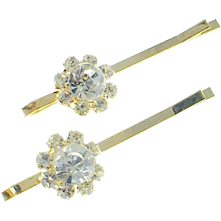 Sunflower Bobby Pin Pair Rhinestone Crystal gold base Cerulean Clear