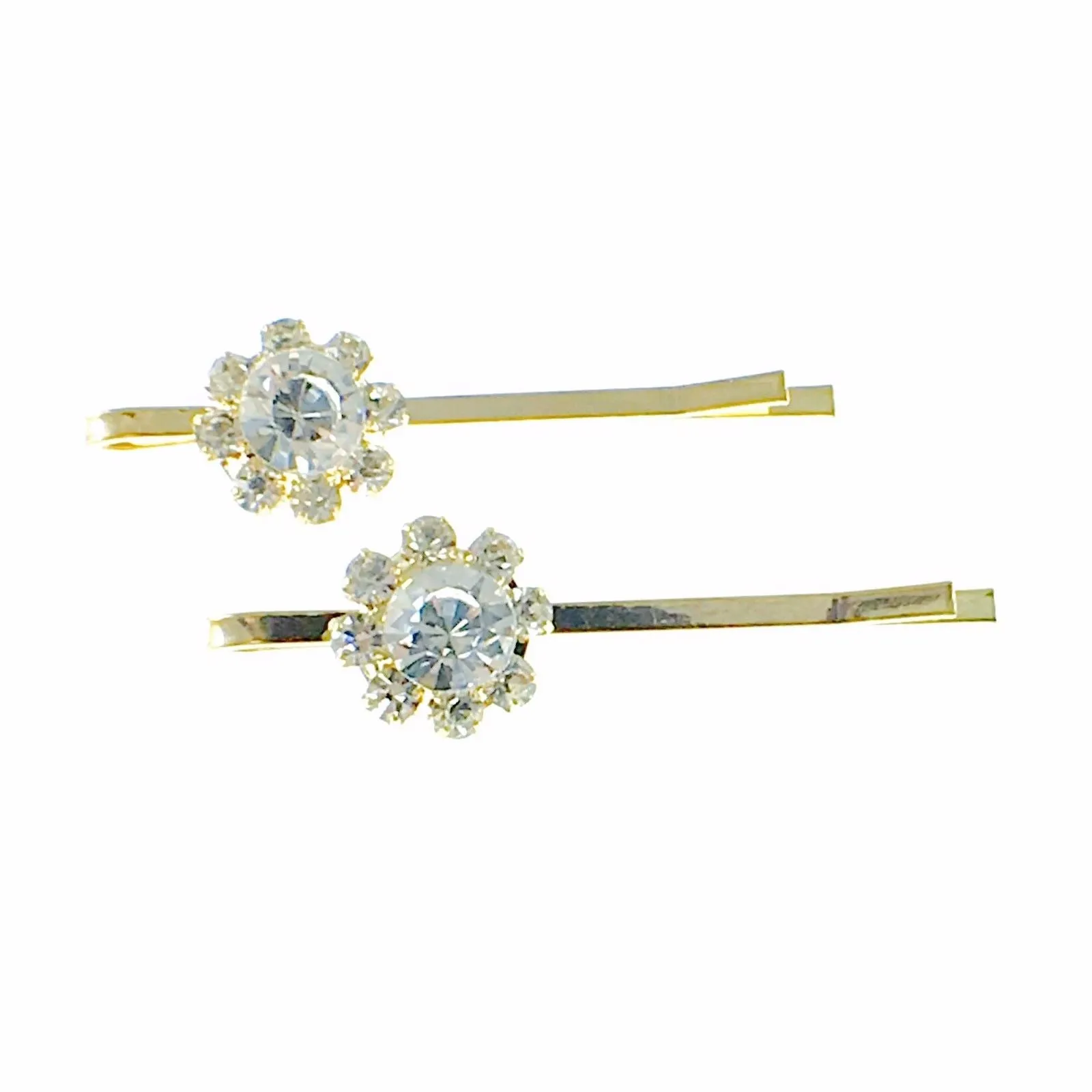 Sunflower Bobby Pin Pair Rhinestone Crystal gold base Cerulean Clear