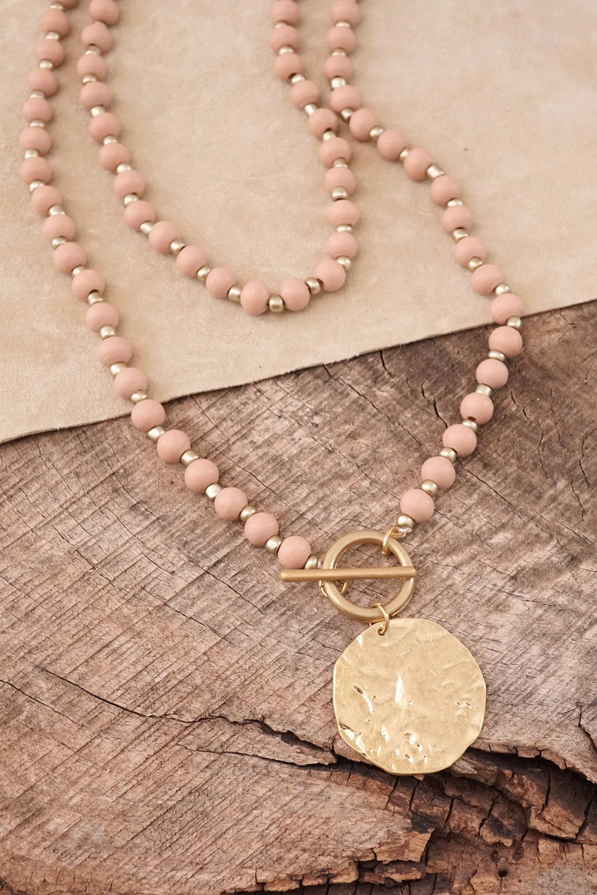 Multi Strand Wooden Beads Short Coin Necklace in Pink and Gold Mother Mood For Identity