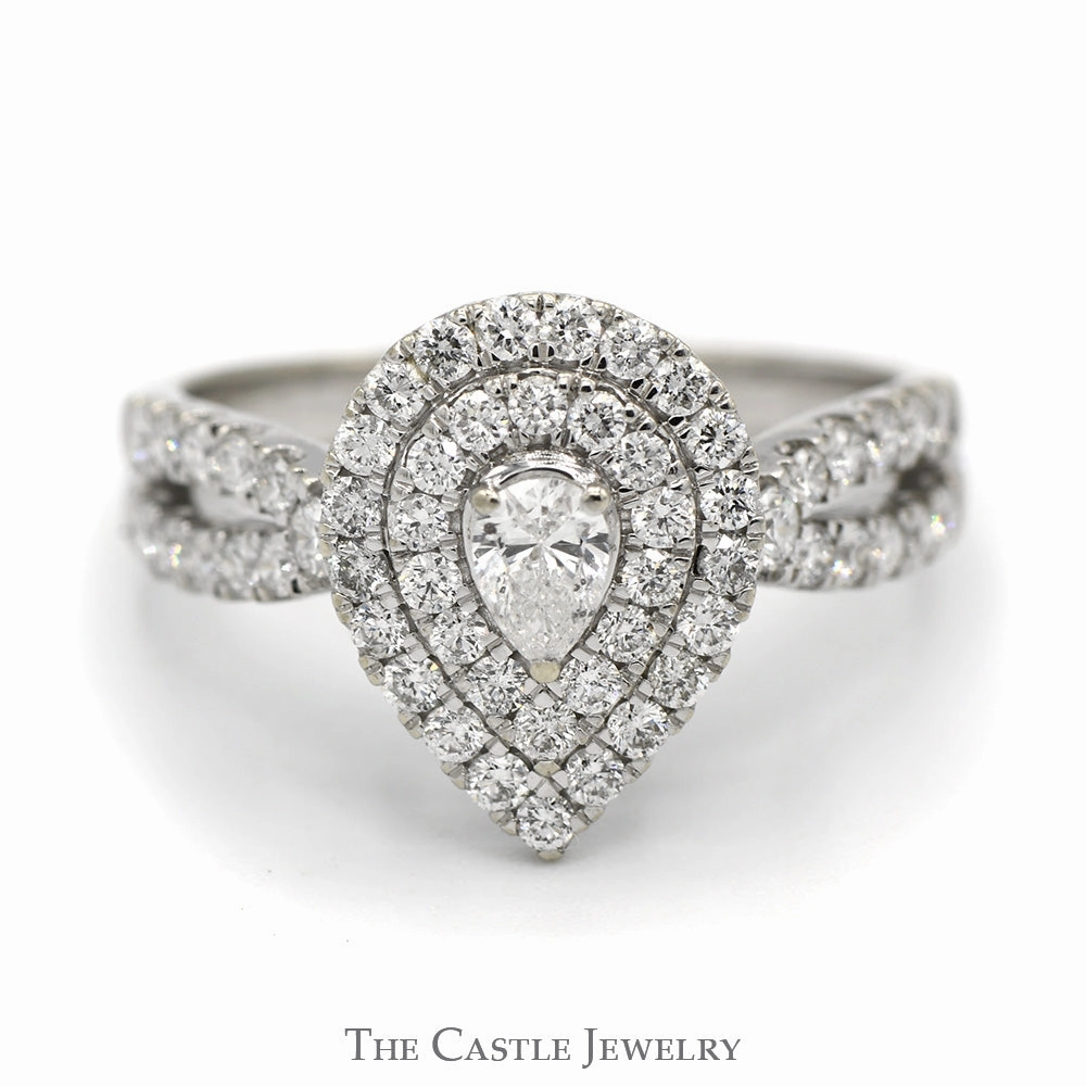 1cttw Pear Cut Diamond Engagement Ring with Double Halo and Accented Split Shank Sides in 10k White Gold Beautiful Style