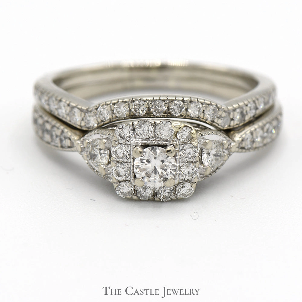1cttw Diamond Bridal Set with Diamond Accents and Matching Curved Band in 14k White Gold Exclusive Style