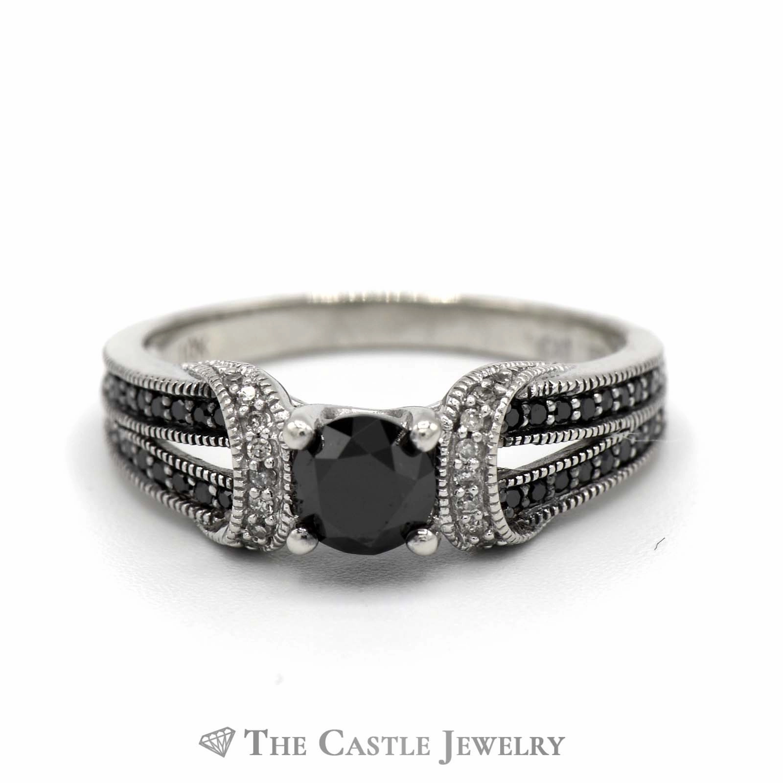 Ready to Wear Round Black Diamond Engagement Ring with White and Black Diamond Accents in 10k White Gold Split Shank Setting