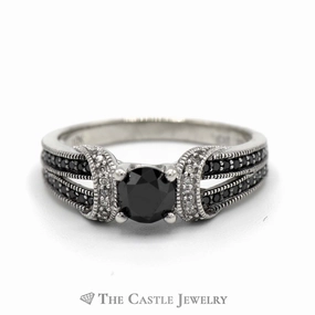Ready to Wear Round Black Diamond Engagement Ring with White and Black Diamond Accents in 10k White Gold Split Shank Setting