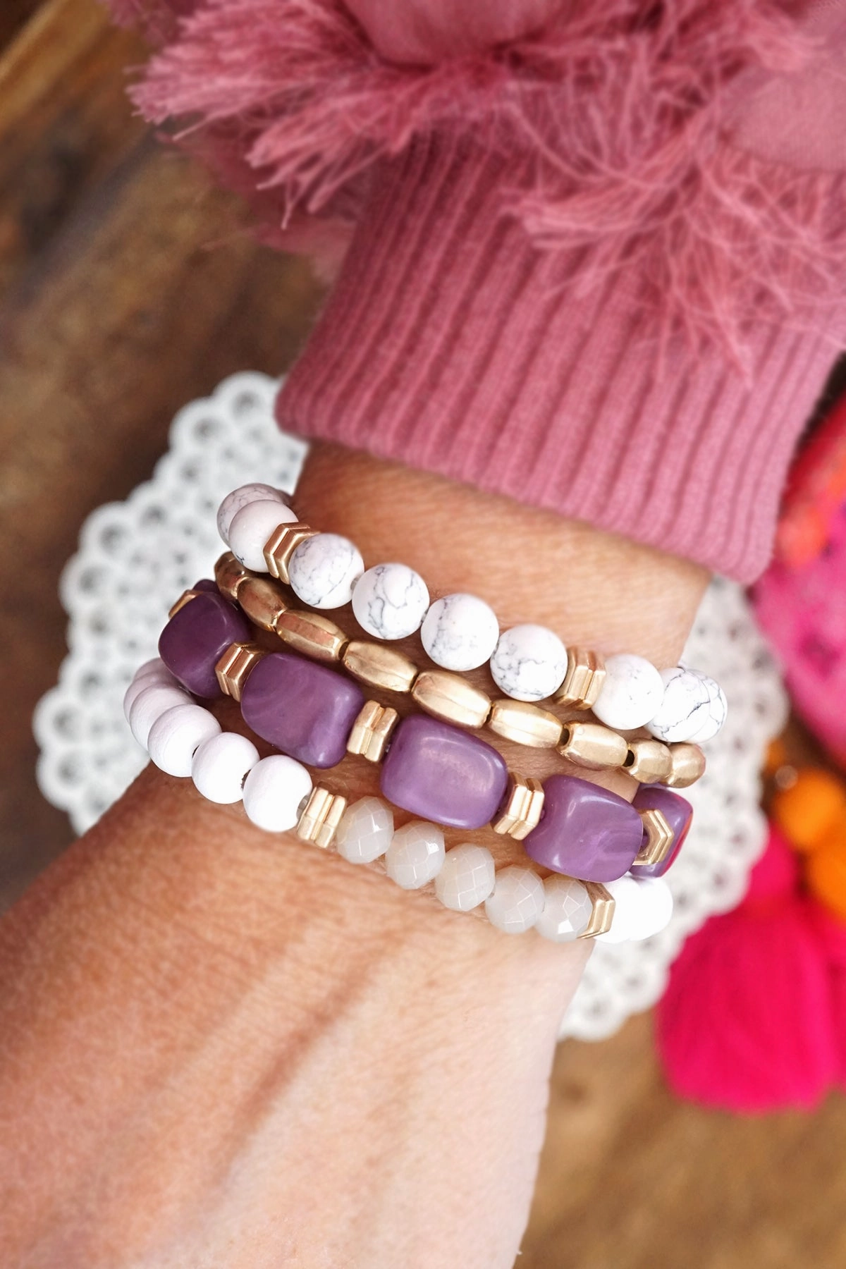 Bracelet Stack of 4 pieces purple and neutrals glass wood and acrylic beads Remarkable Touch VIP treatment