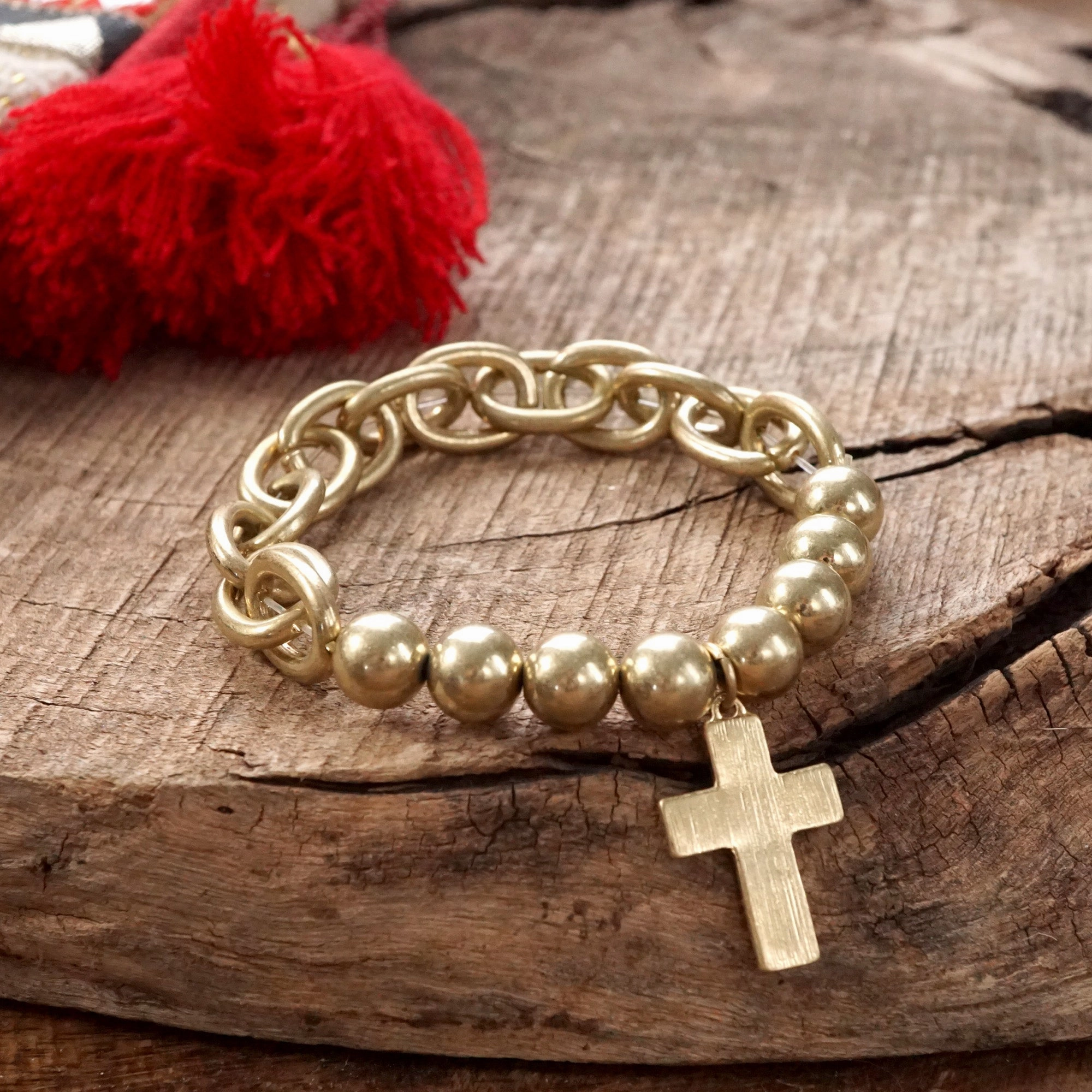Quick Sight Memorable Blend Chain and Beads Cross Bracelet in Worn Gold Silver Tone