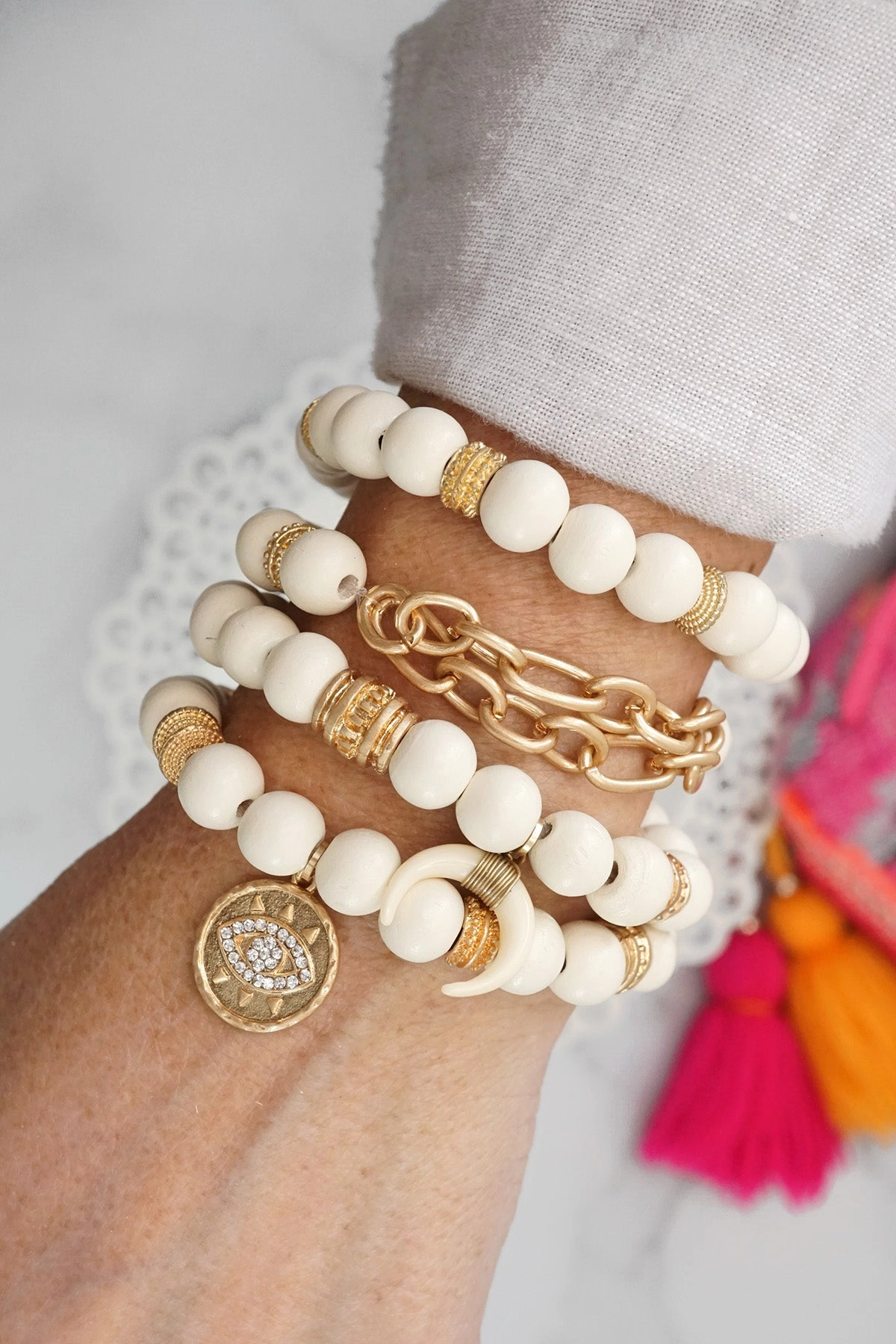 Retro Sharpness Hemispheric Fashion Beaded Boho Bracelets set of 4 with Gold Coin Cream wooden Beads and Metal chain