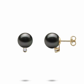 Glam Night Lush Accent Tahitian Black Pearl Earrings in Gold with Diamonds - 9-10mm