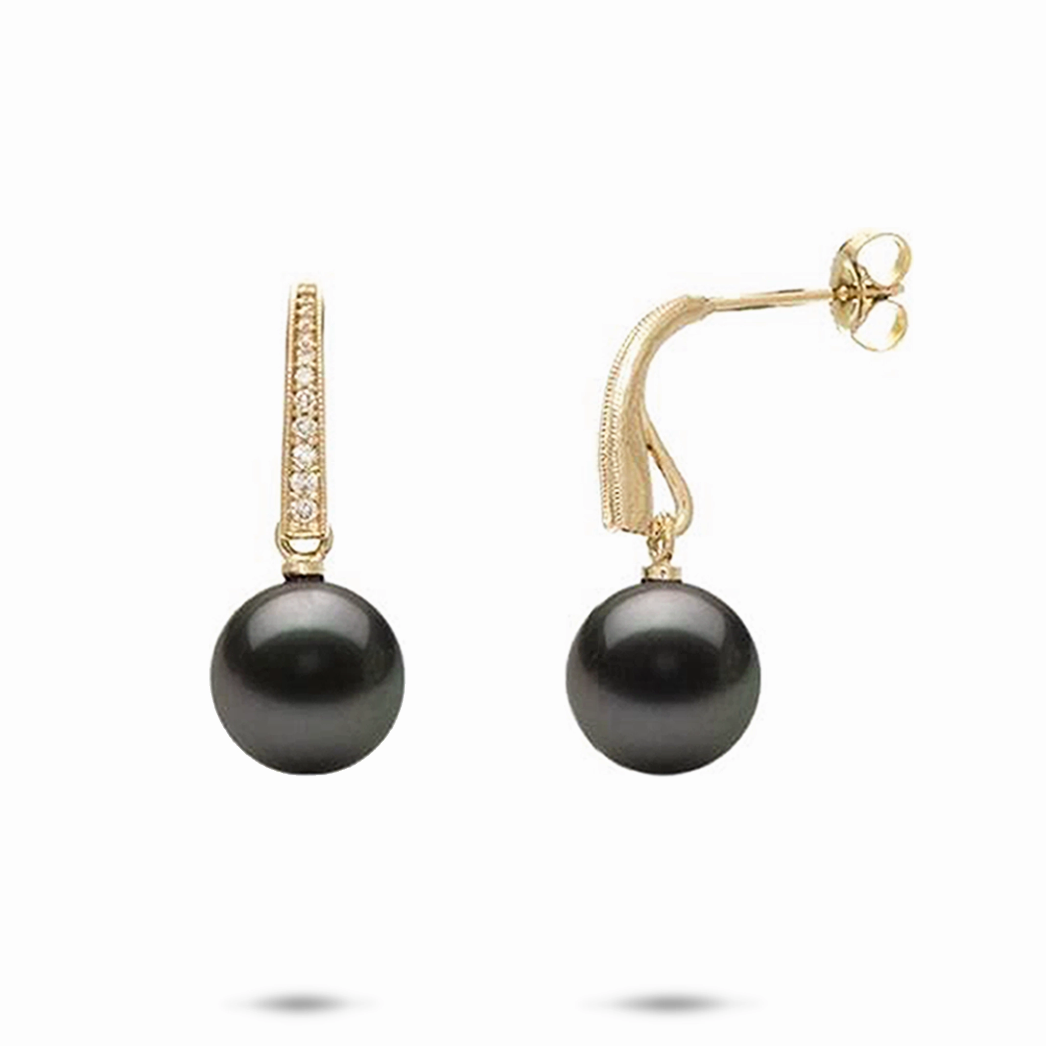 Light Spark Tahitian Black Pearl Earrings in Gold with Diamonds - 9-10mm