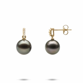 Daytime Look Tahitian Black Pearl Earrings in Gold with Diamonds - 9-10mm