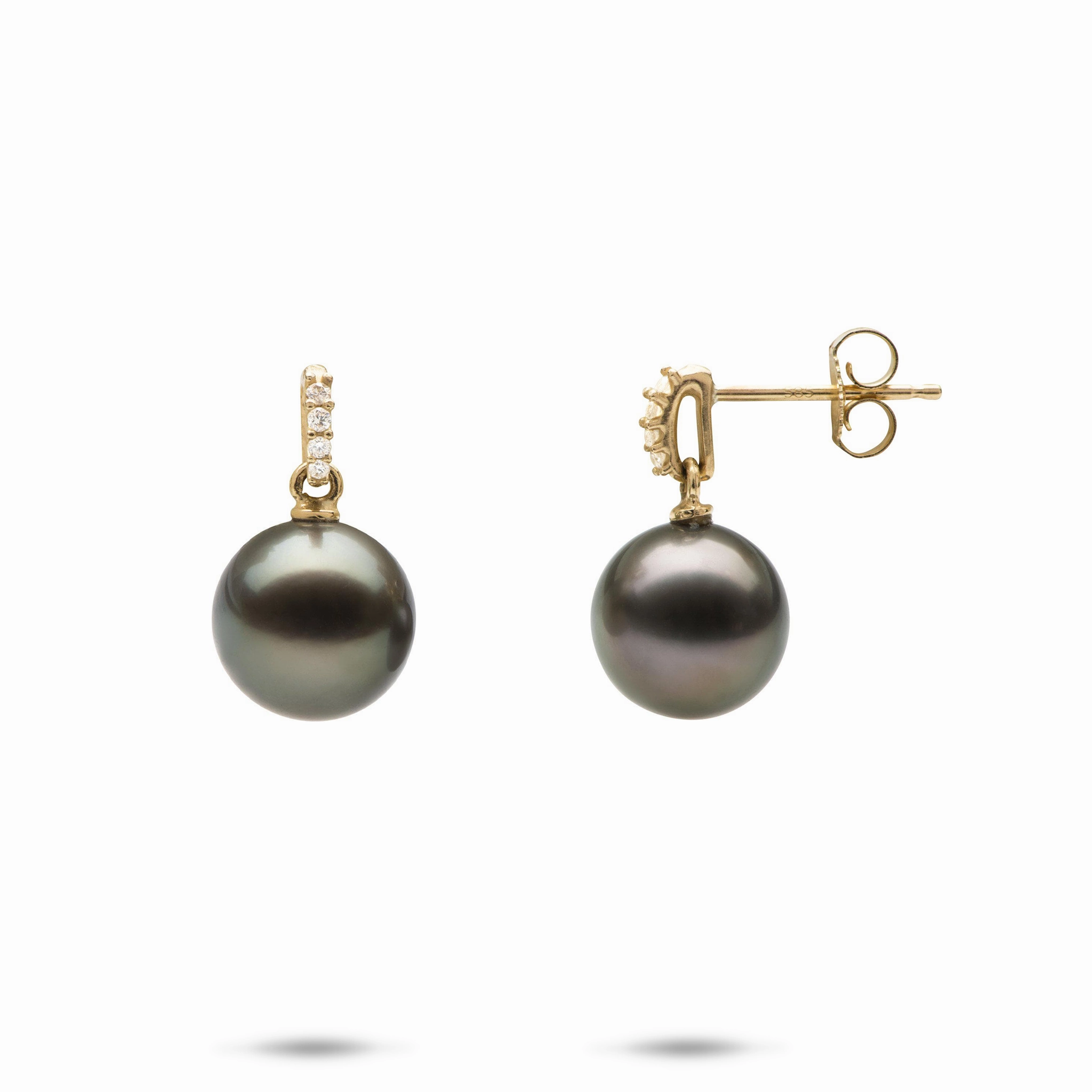 Daytime Look Tahitian Black Pearl Earrings in Gold with Diamonds - 9-10mm