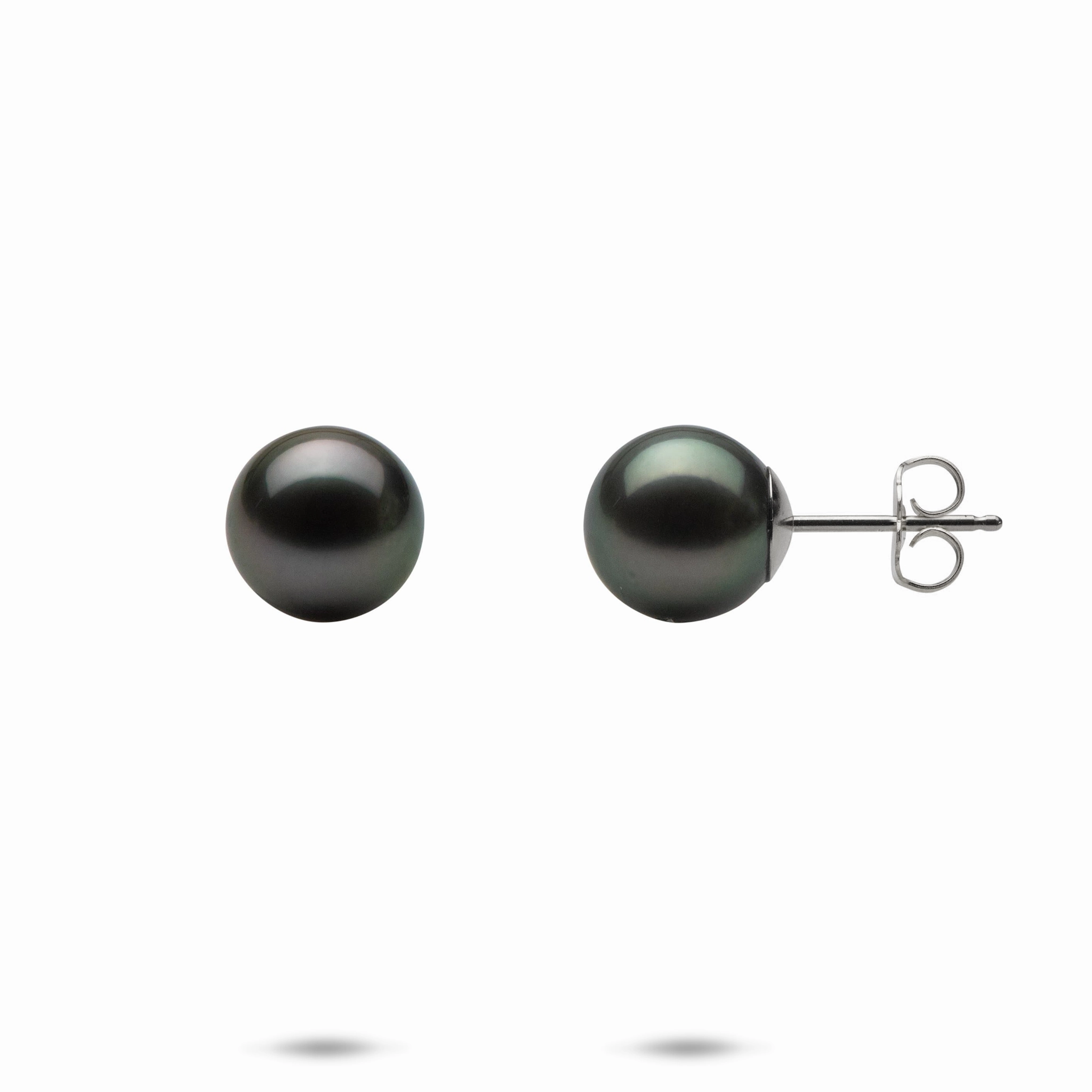 Tahitian Black Pearl Earrings in White Gold - 9-10mm Spark Ready Shiny Style